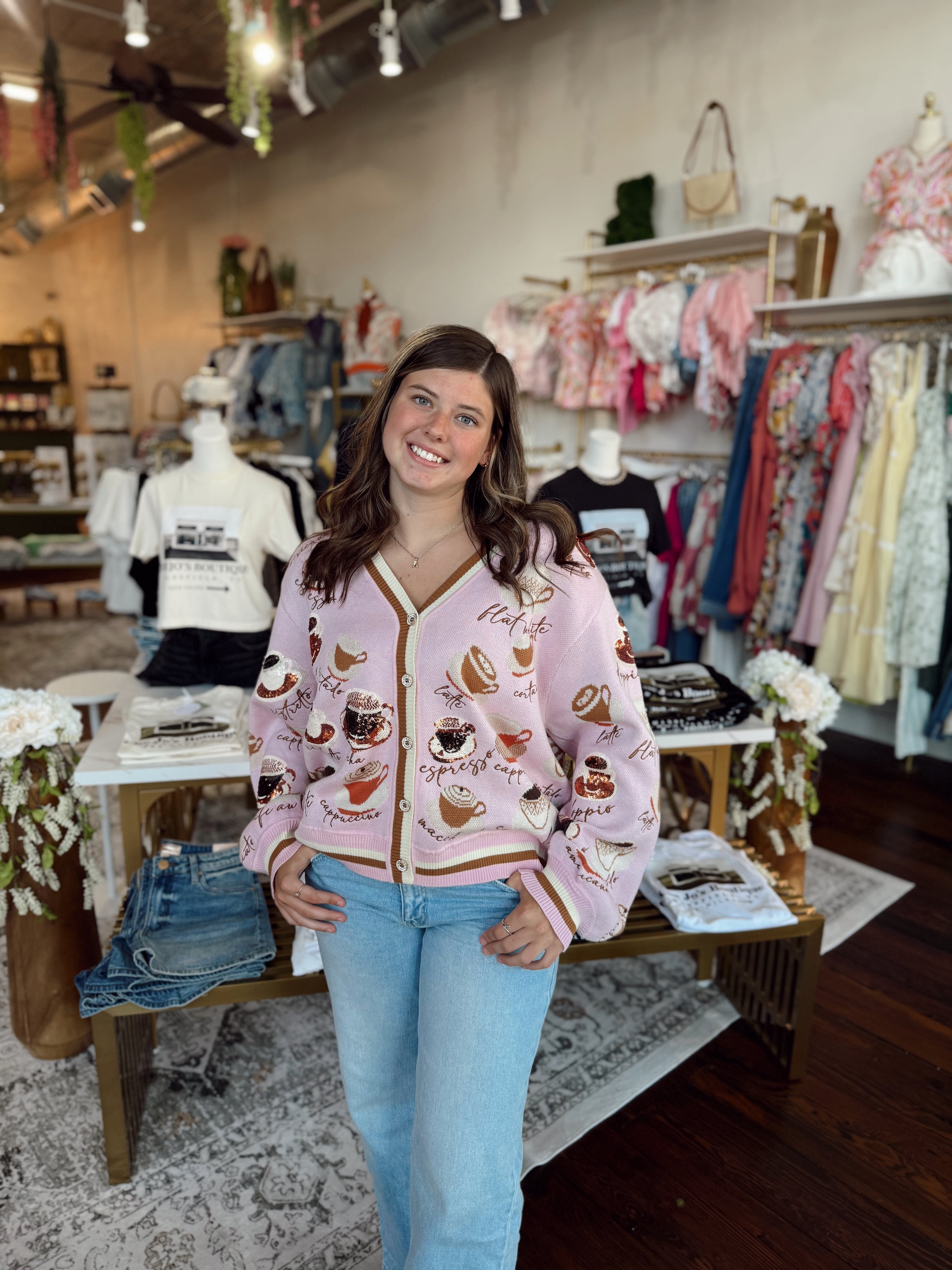 Light Pink Types Of Coffee Cardigan | Queen of Sparkles | PLUS SIZE AVAILABLE