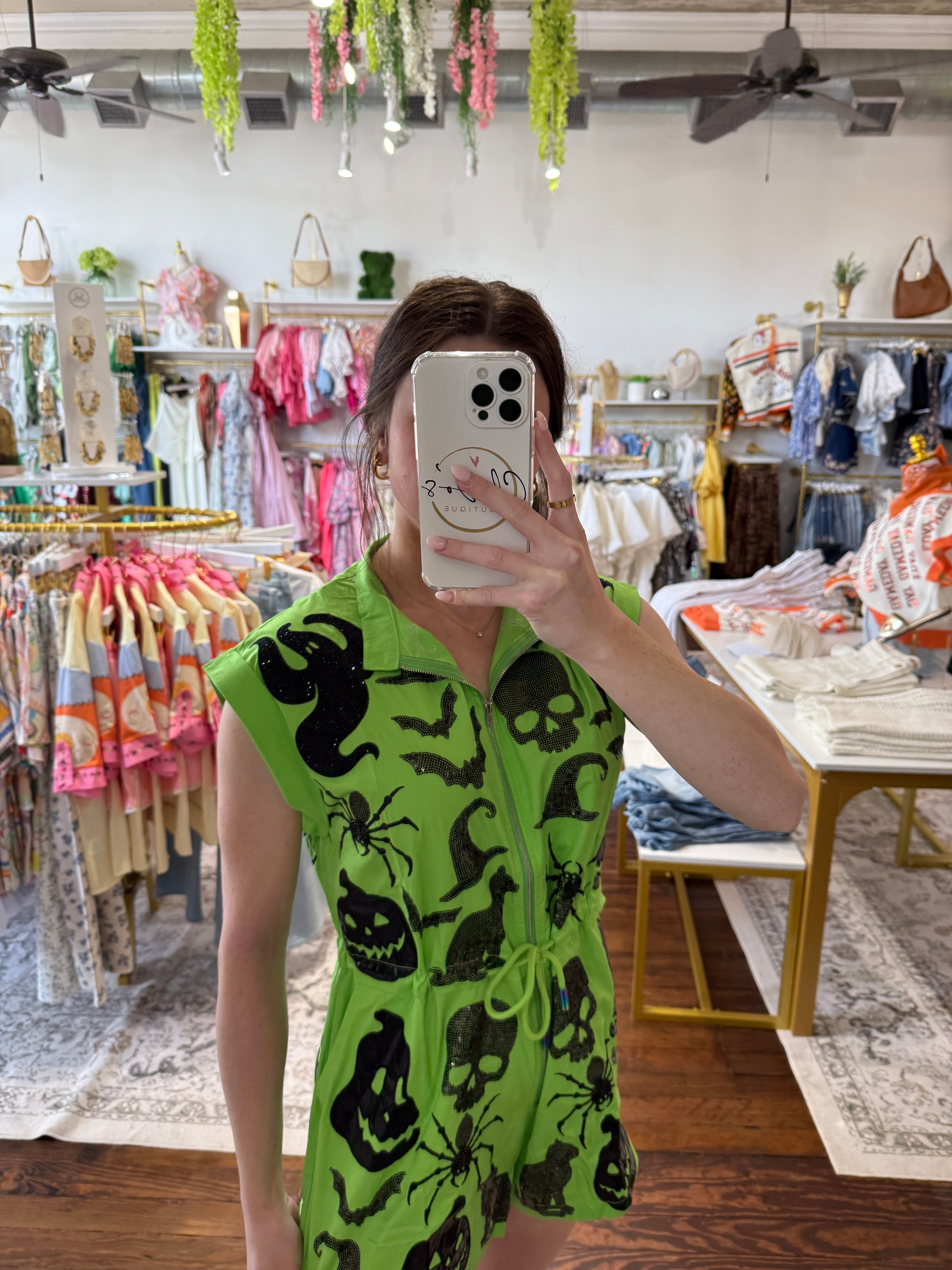 Bright Green & Black Halloween Icon Zip Up Romper | Queen of Sparkles