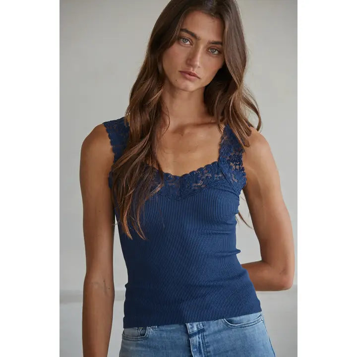 Knit Seamless Lace Trim Ribbed Tank Top