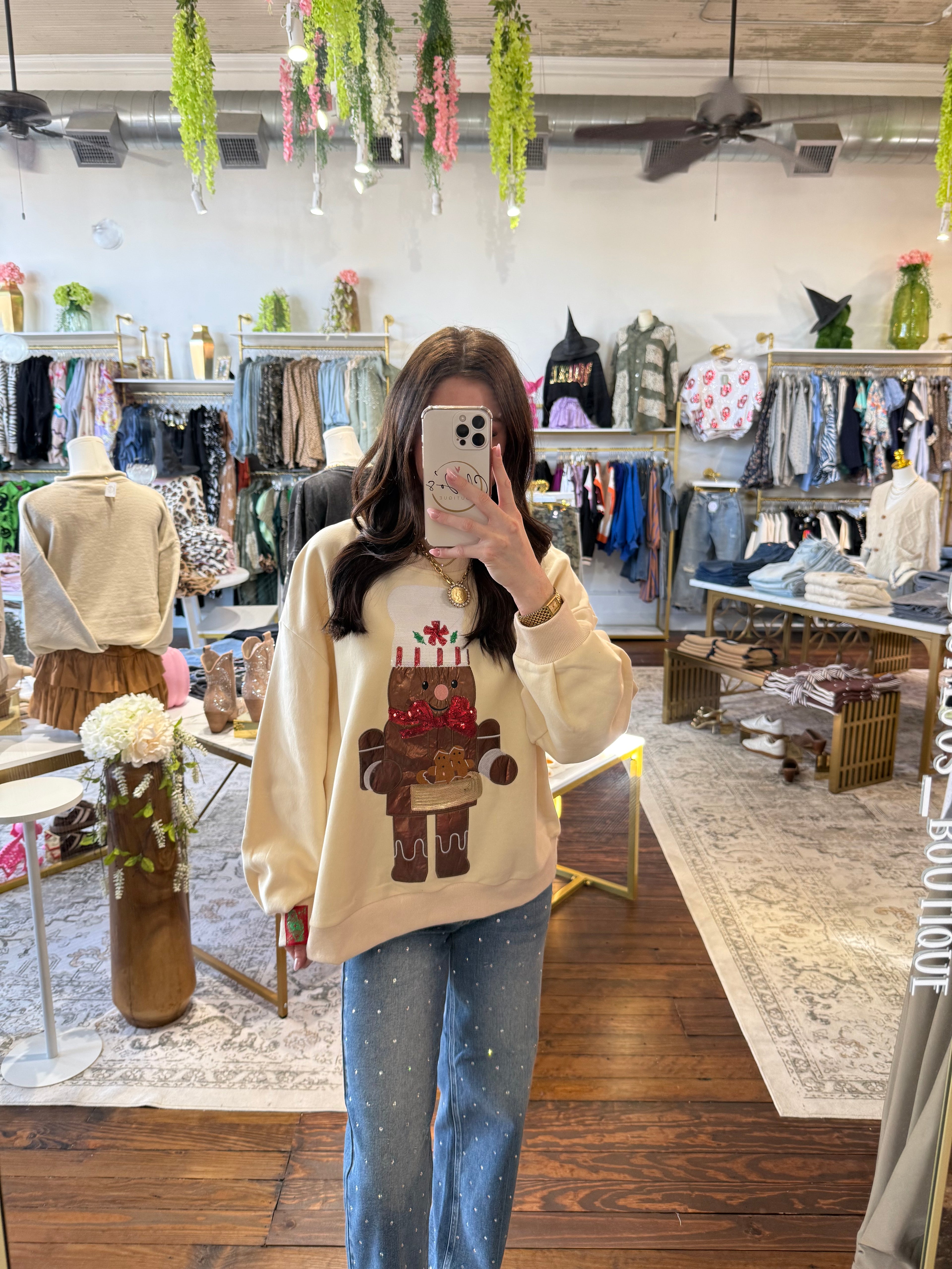Beige Metallic Gingerbread Man Sweatshirt | Queen of Sparkles