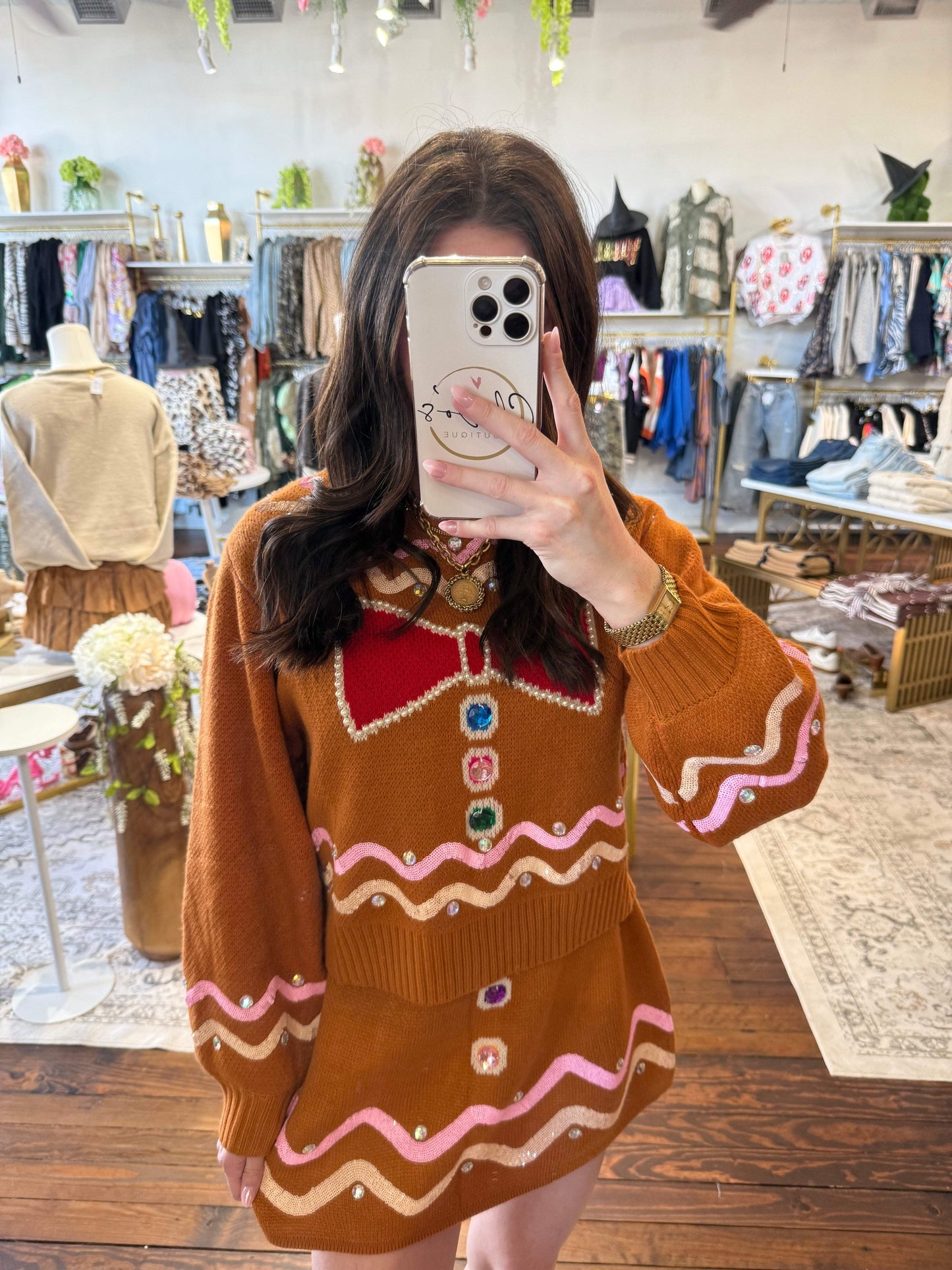 Brown Gingerbread Man Jewel Bow Tie Sweater | Queen of Sparkles