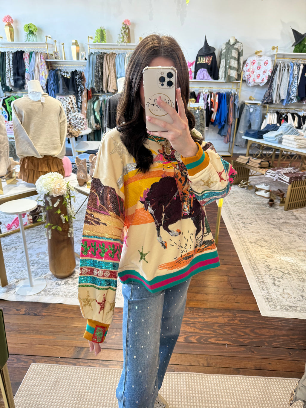 Multi Vintage Cowboy Santa Sweatshirt | Queen of Sparkles