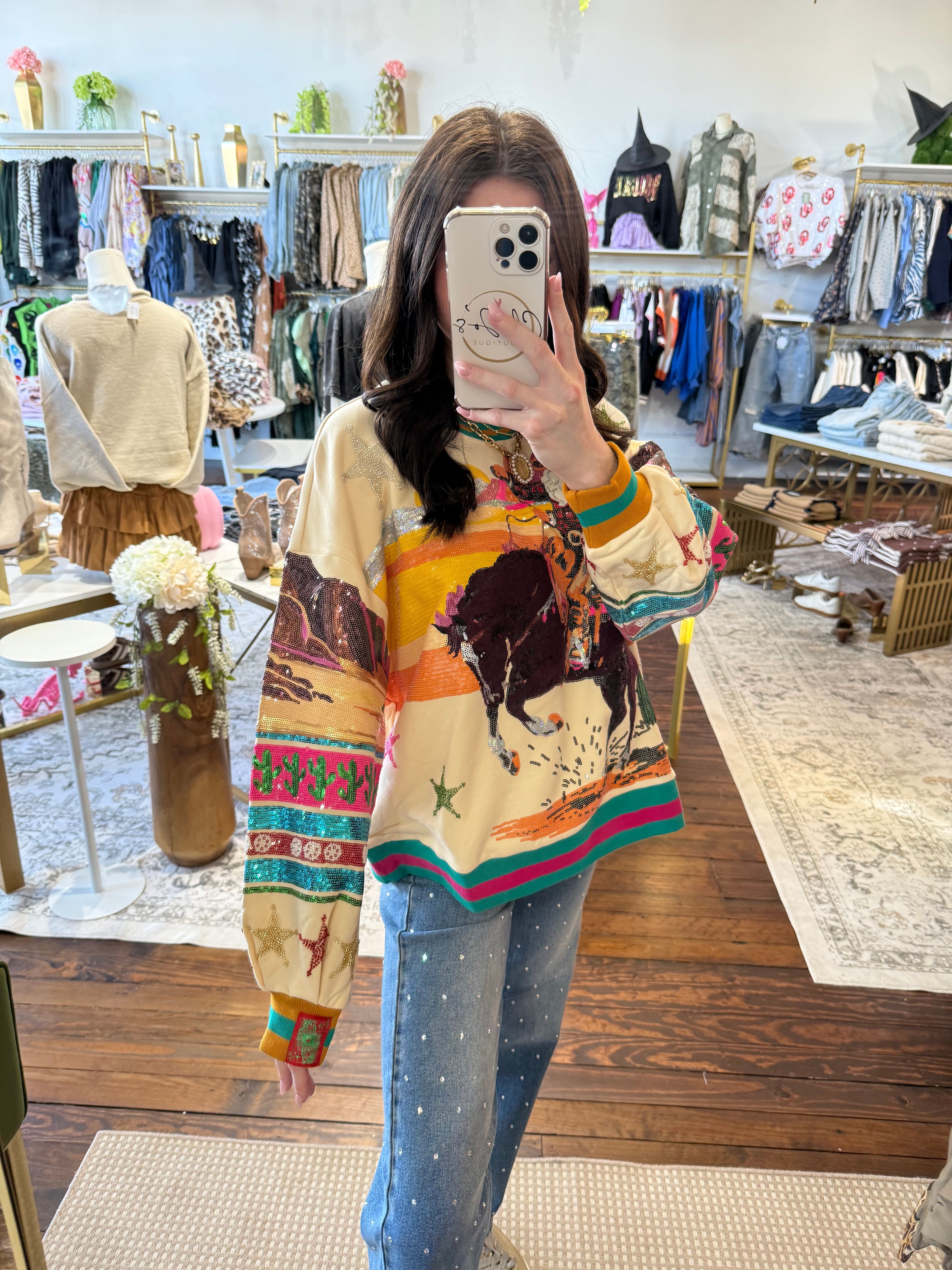 Multi Vintage Cowboy Santa Sweatshirt | Queen of Sparkles