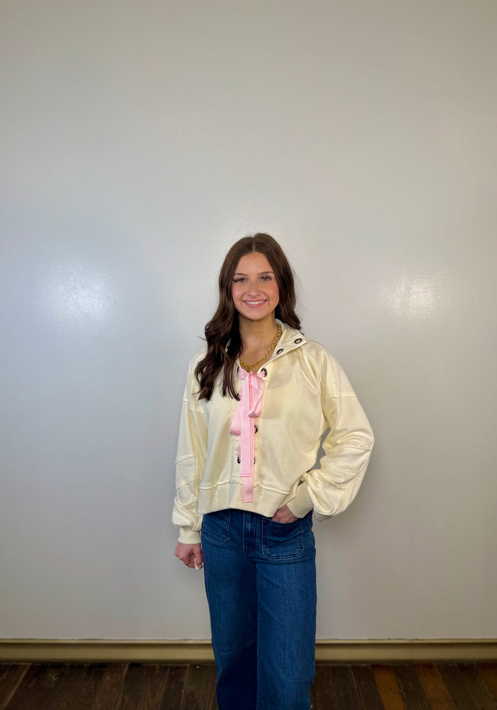 Alani Eyelet Lace Up French Terry Top