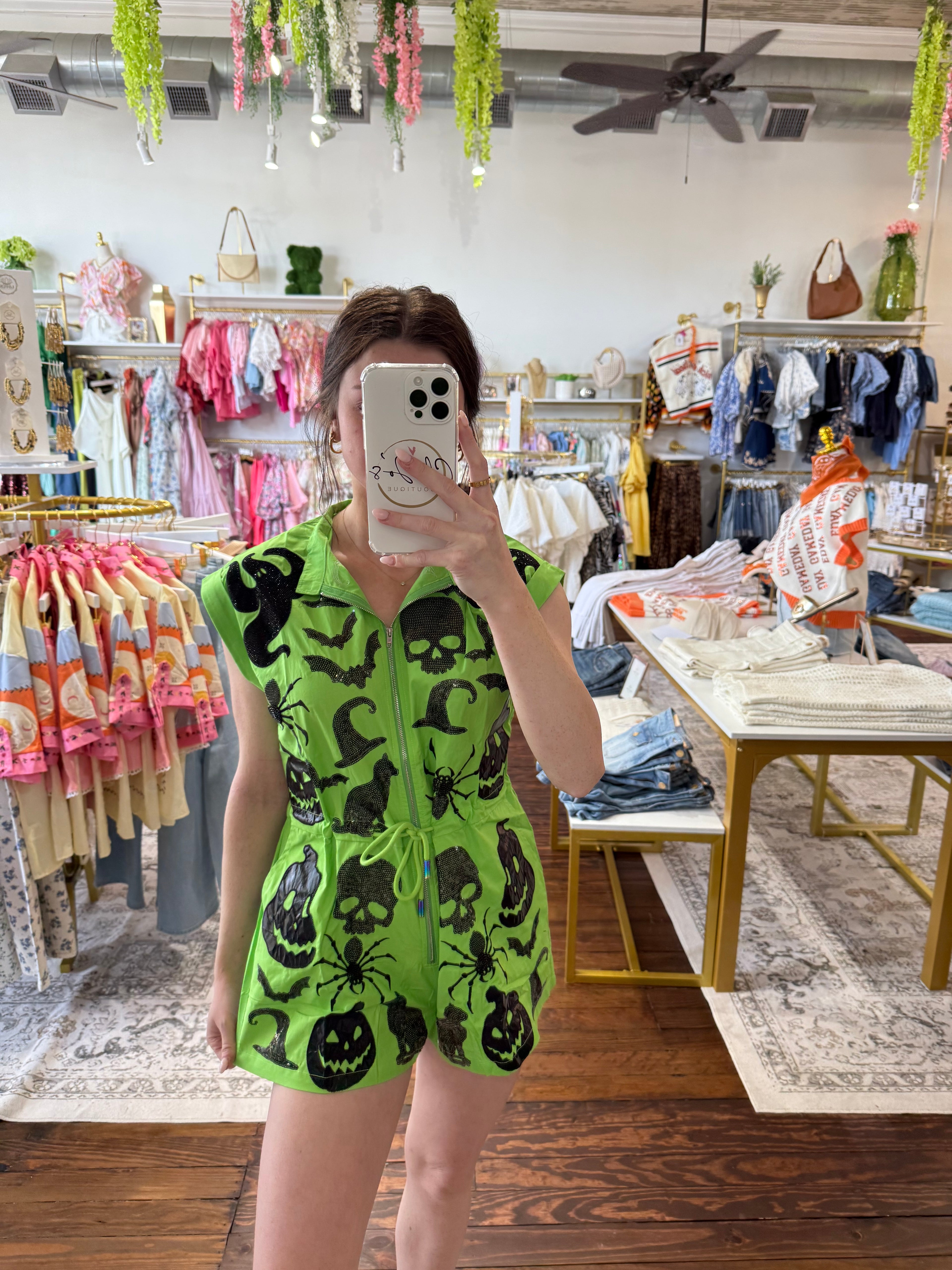 Bright Green & Black Halloween Icon Zip Up Romper | Queen of Sparkles