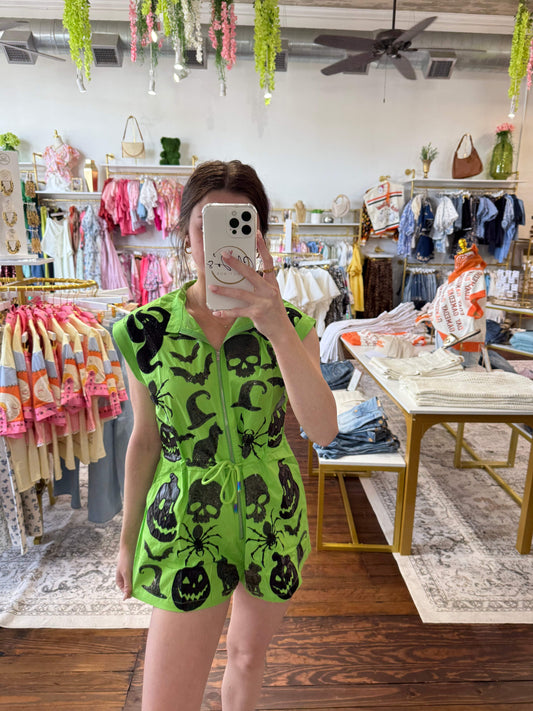 Bright Green & Black Halloween Icon Zip Up Romper | Queen of Sparkles