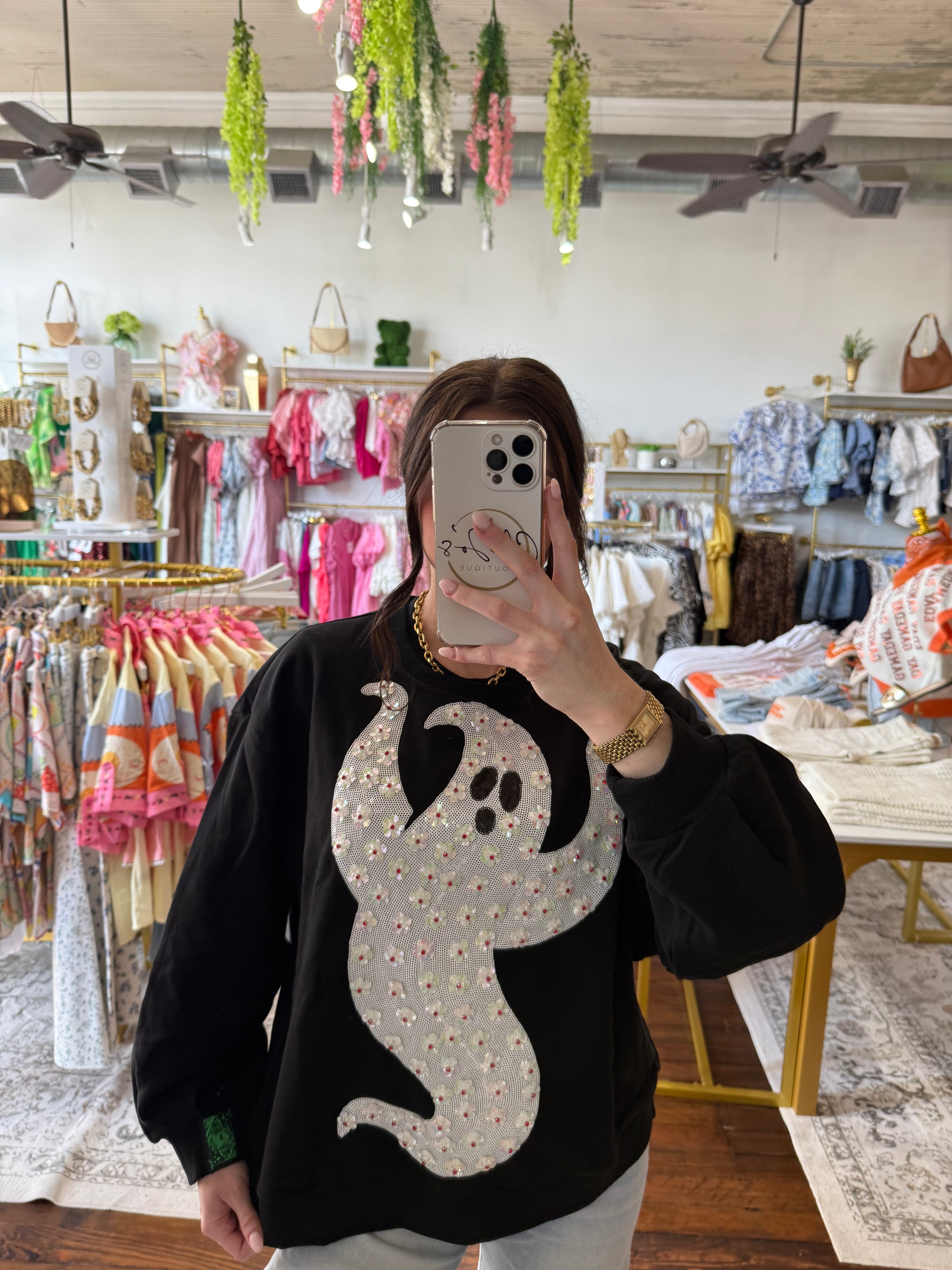 Black & White Flower Sequin Ghost Sweatshirt | Queen of Sparkles