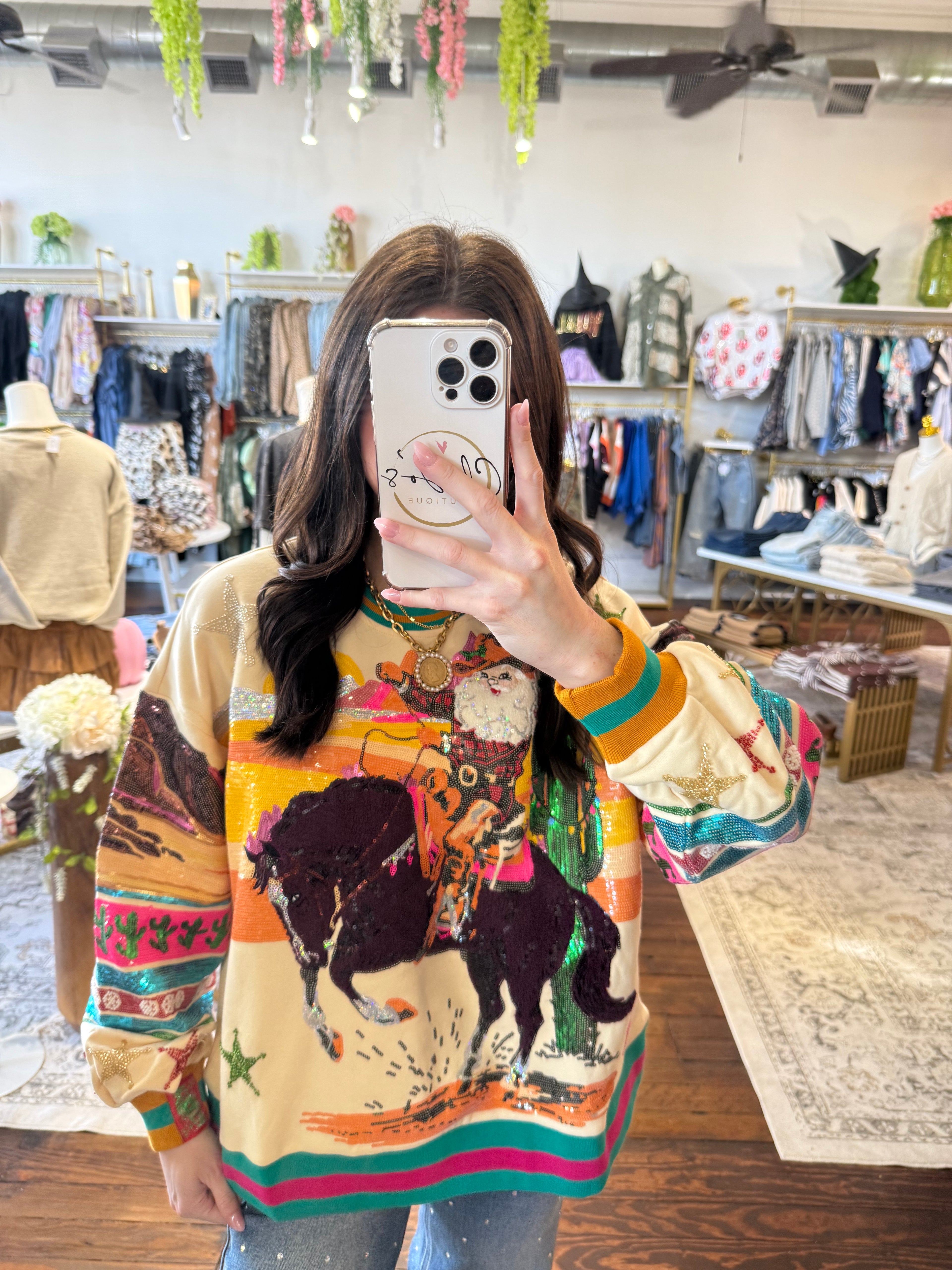 Multi Vintage Cowboy Santa Sweatshirt | Queen of Sparkles