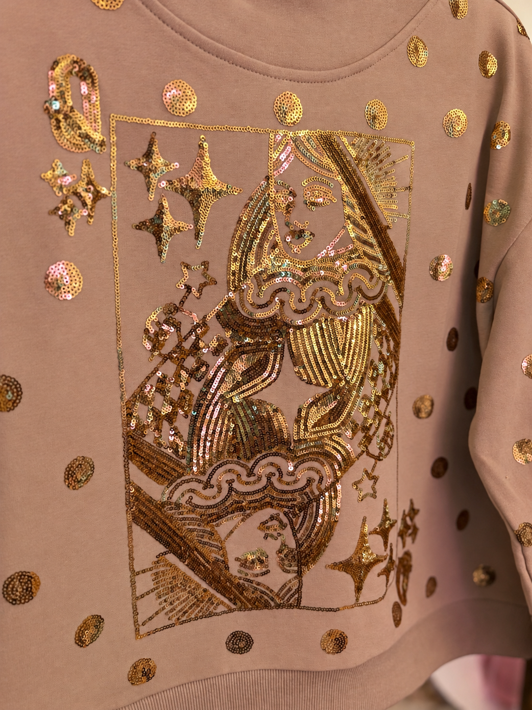 Tan & Gold Polka Dot QOS Card Mock Neck Sweatshirt | Queen of Sparkles