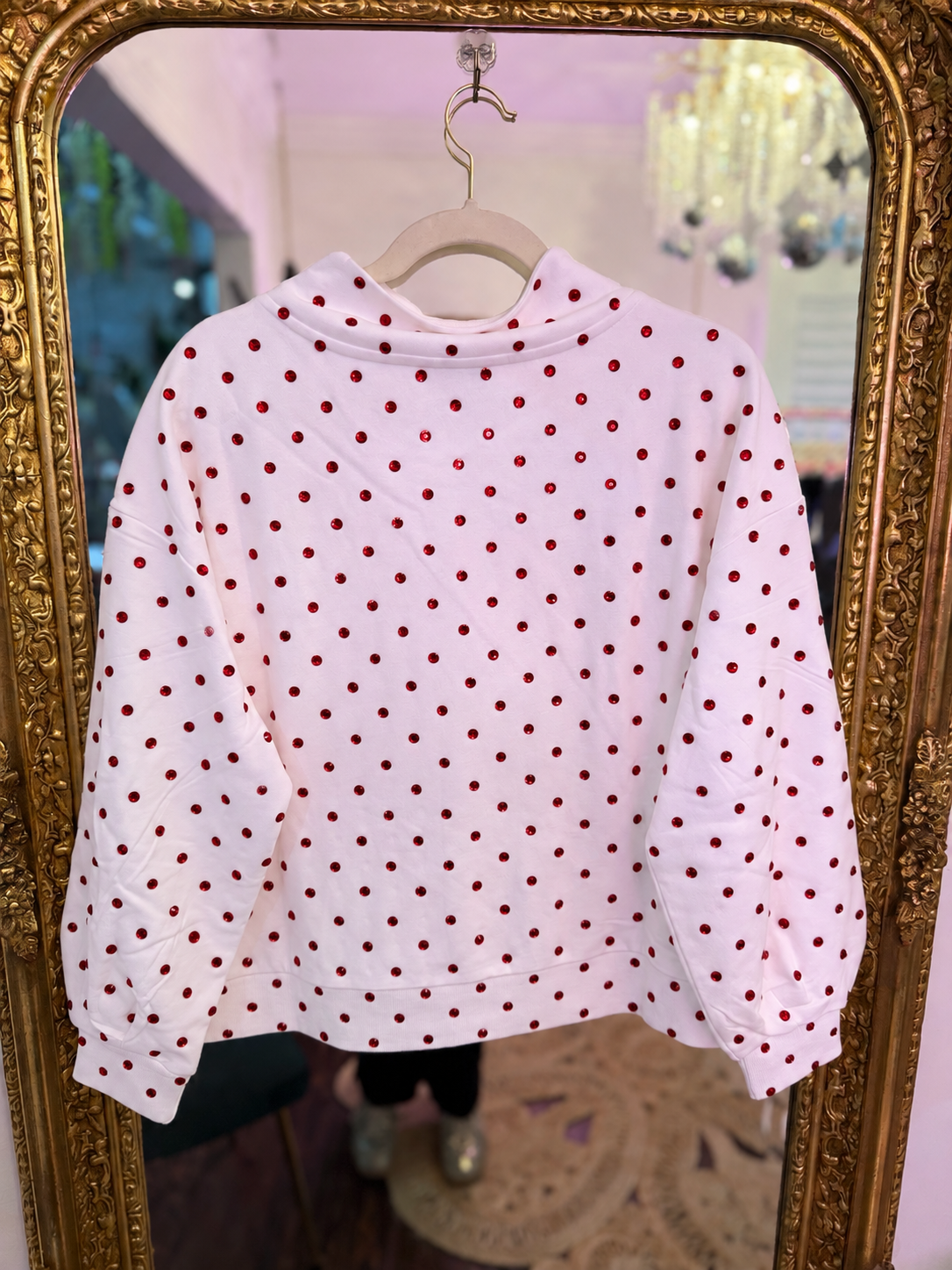 Licensed White Scattered Rhinestone Sequin, Rhinestone & Beaded Polar Express Mockneck Sweatshirt | Queen of Sparkles