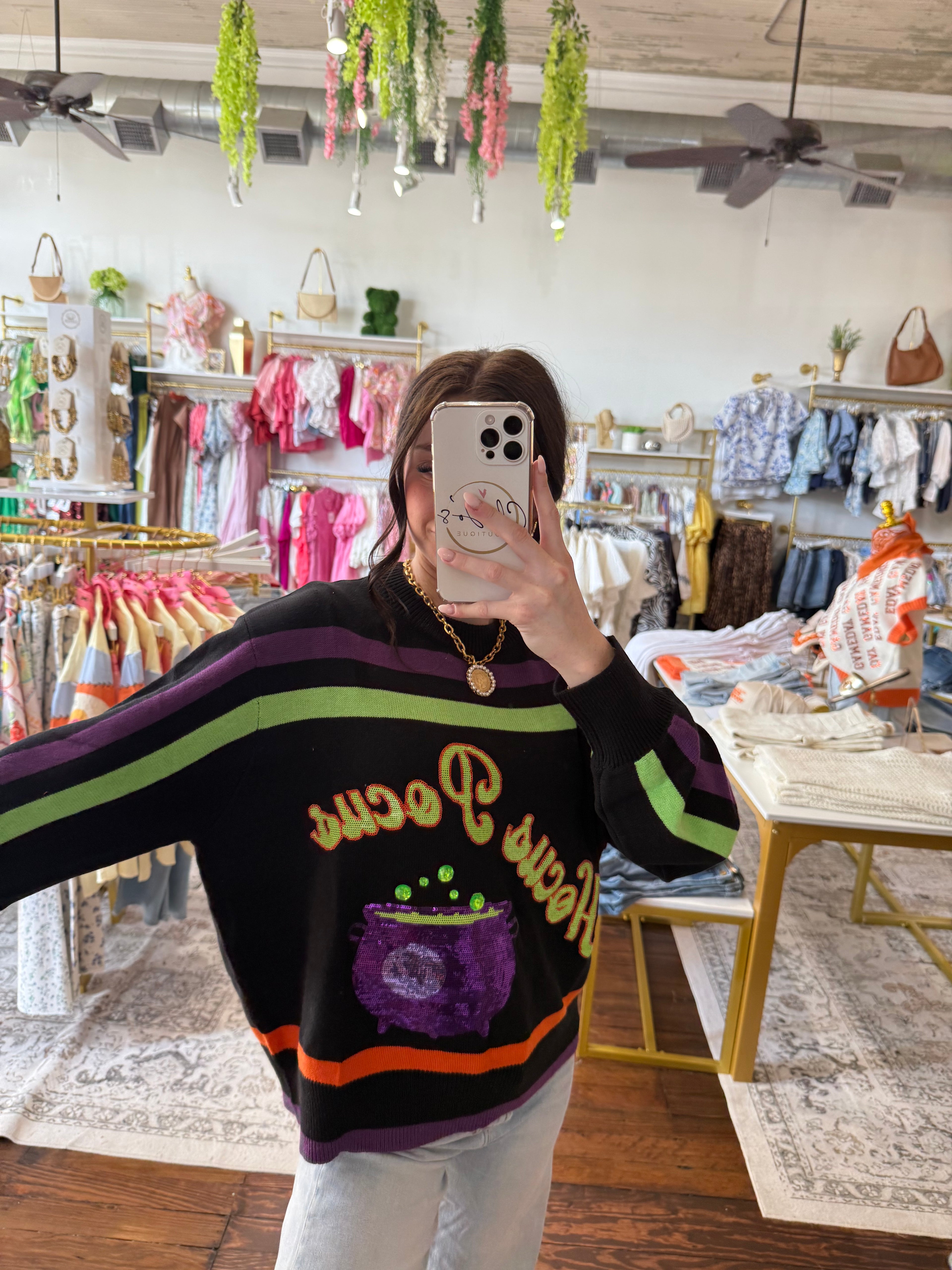 Black, Purple, Orange & Green Stripe 'Hocus Pocus' Long Sleeve Sweater | Queen of Sparkles