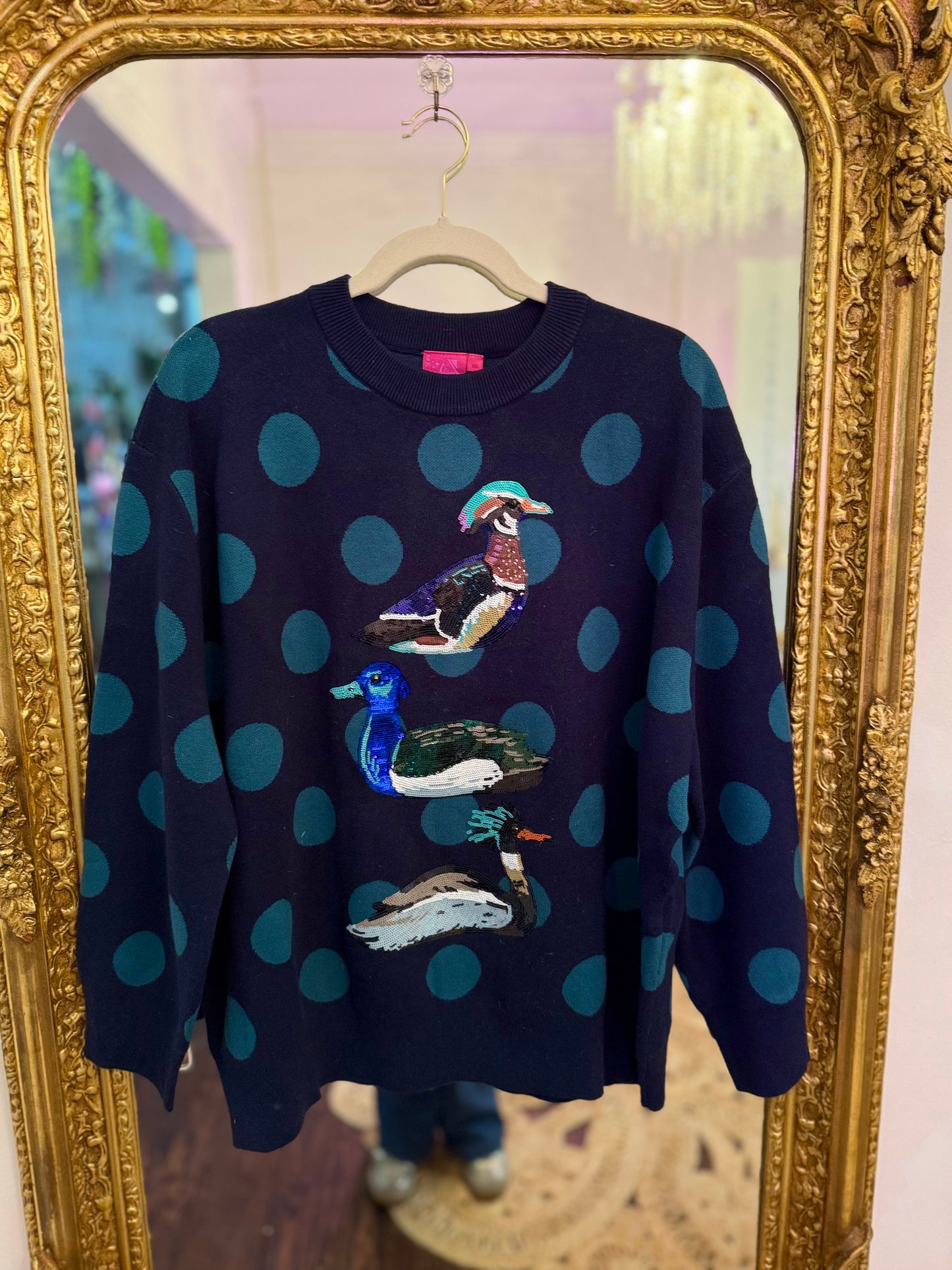 Navy Polkadot Duck Sweater | Queen of Sparkles
