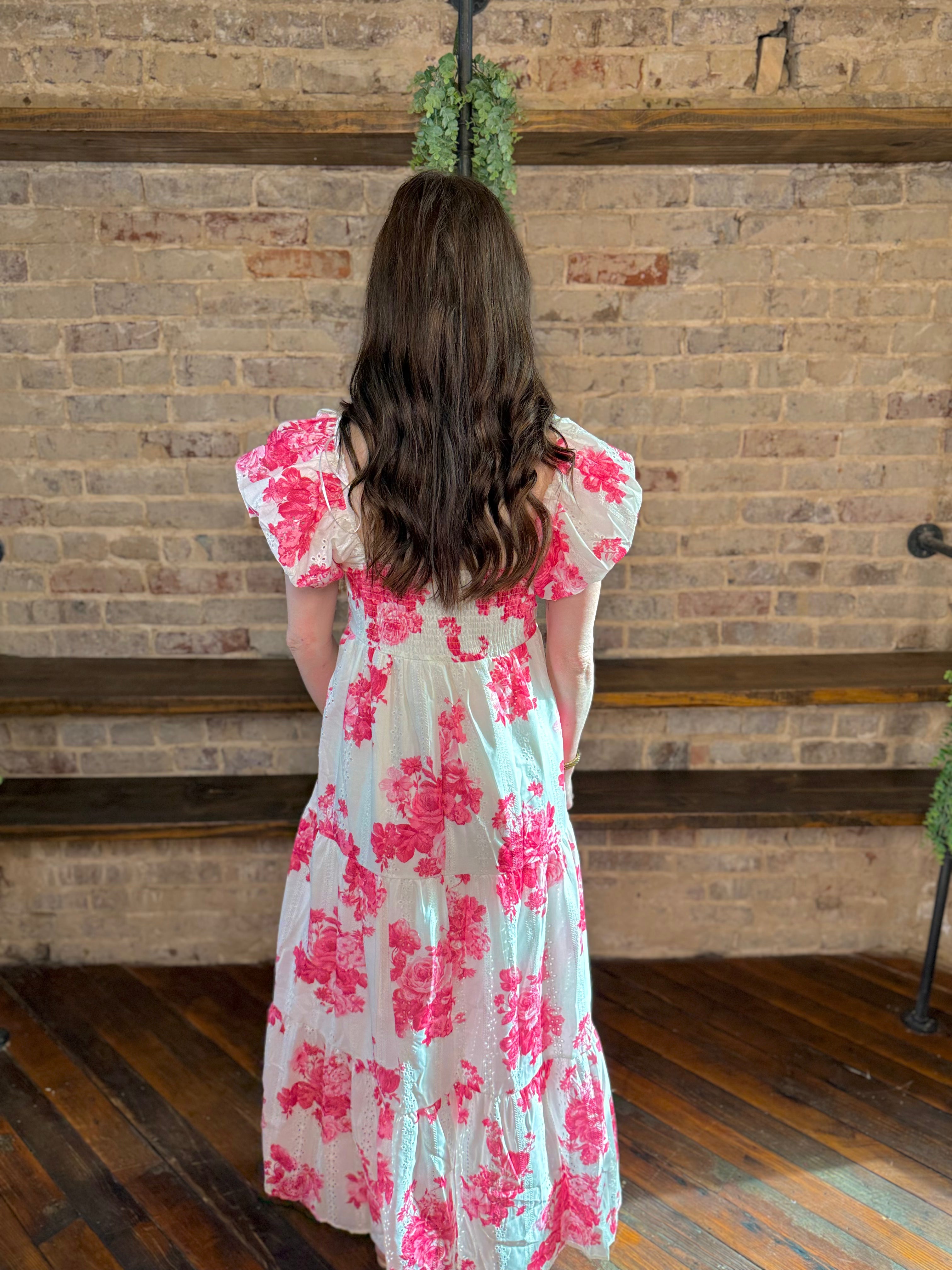 Floral Printed Cap Puff Sleeve Maxi Dress