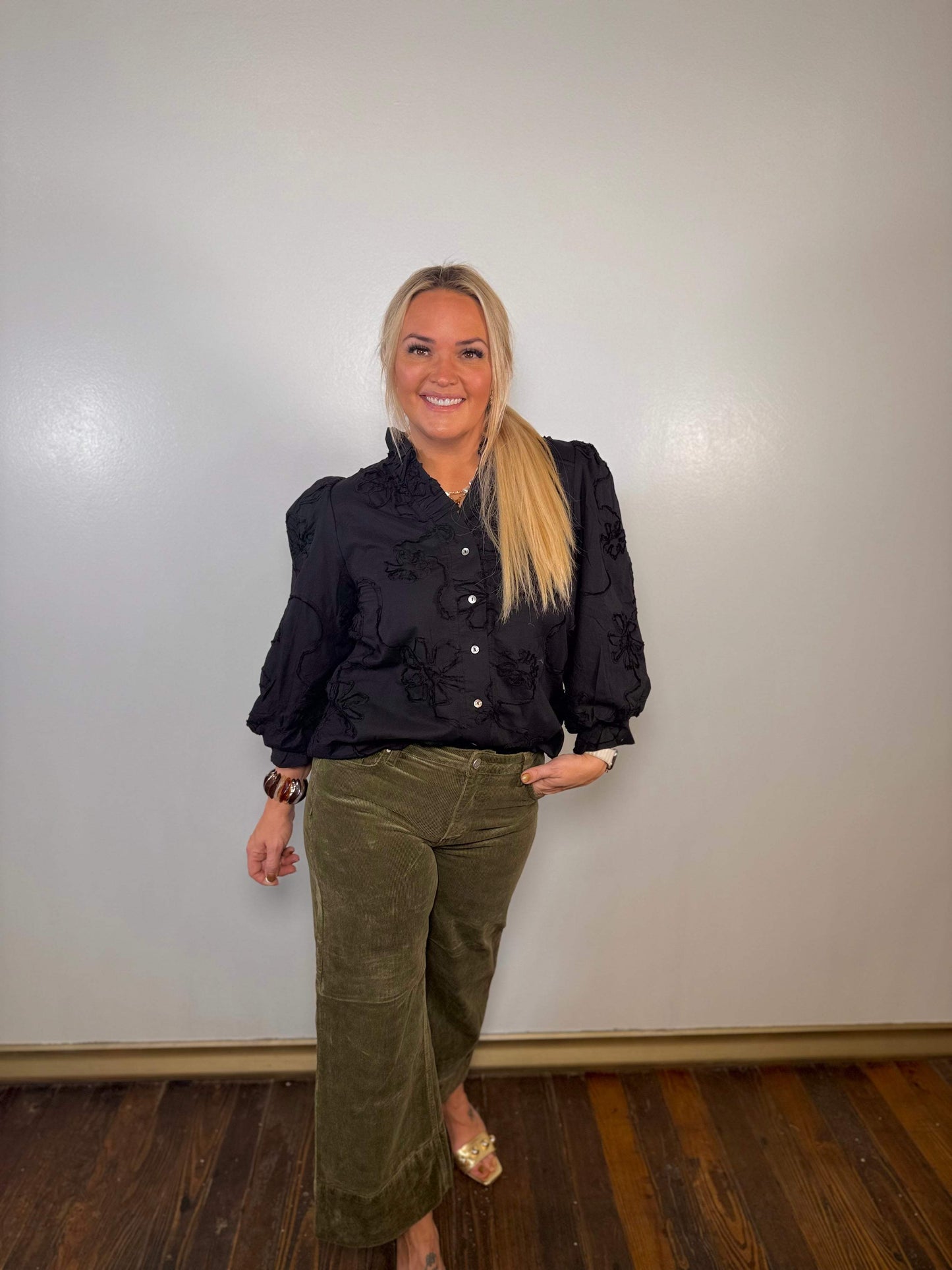 Never Better 3D Floral Button Down Top