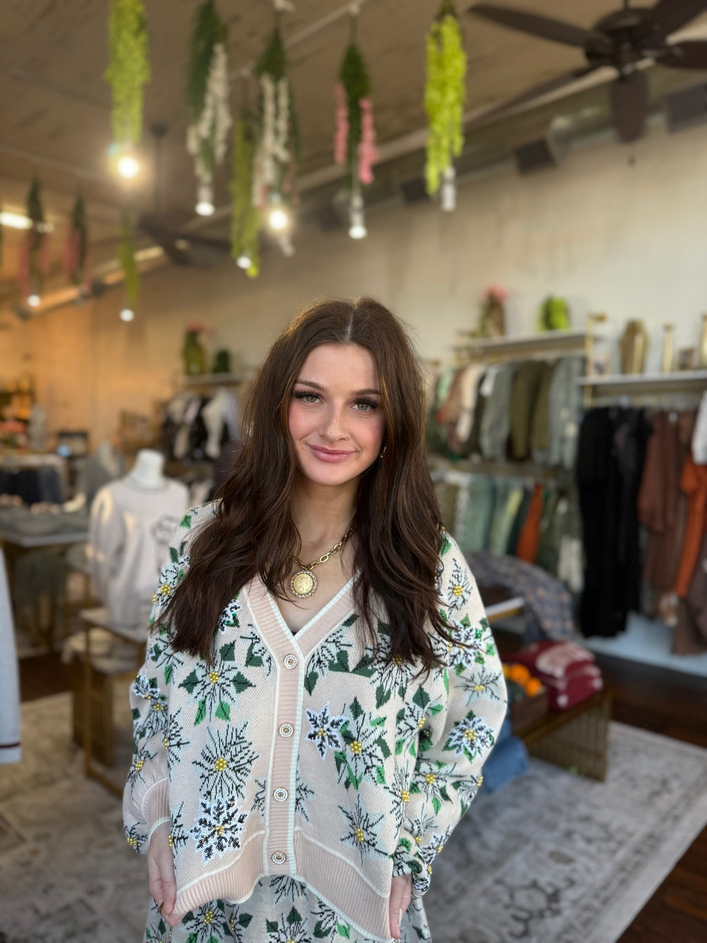 Ivory & Green Poinsettia Button Up Cardigan | Queen of Sparkles