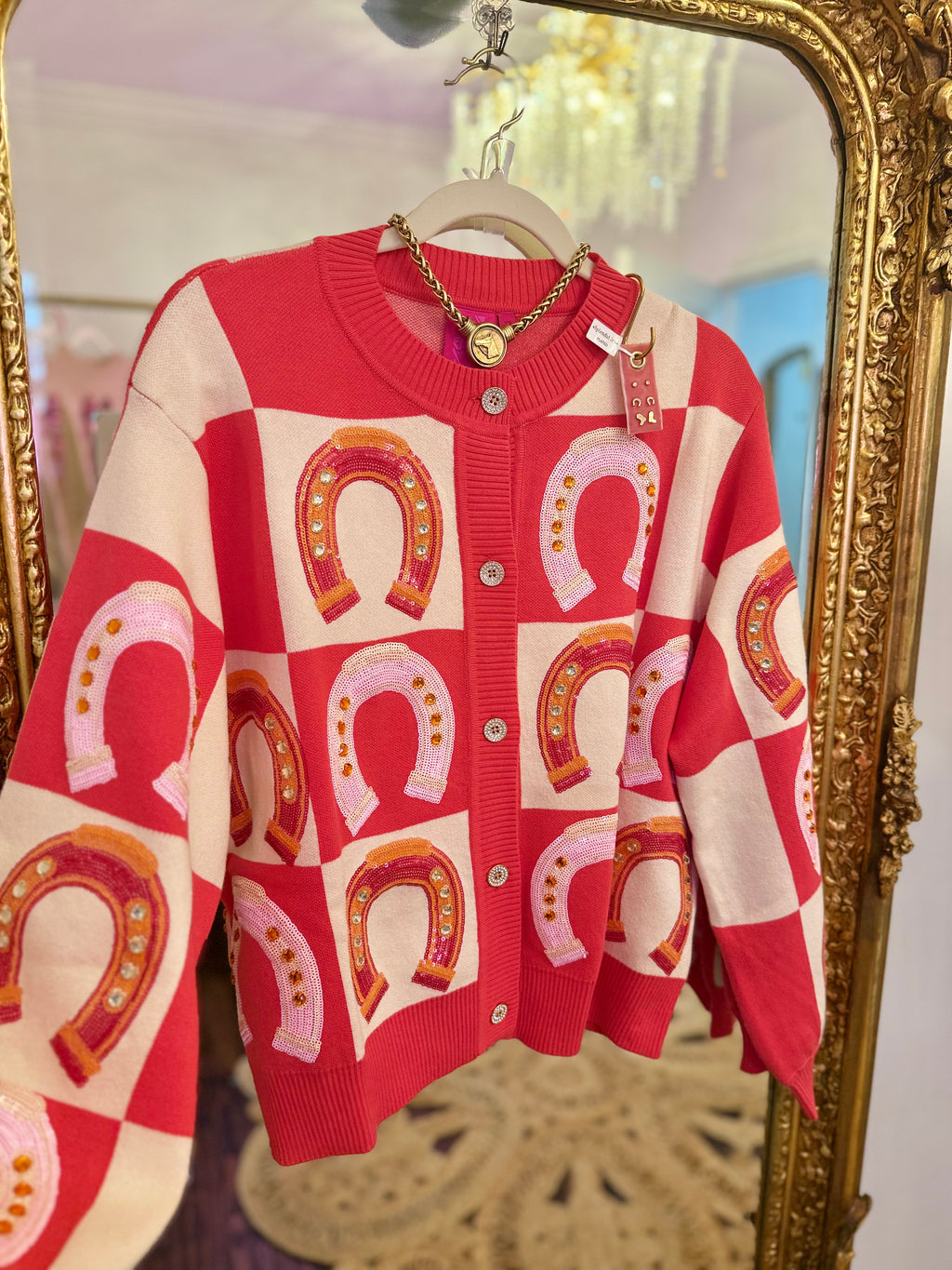 Hot Pink Checkered Horse Shoe Button Up | Queen of Sparkles