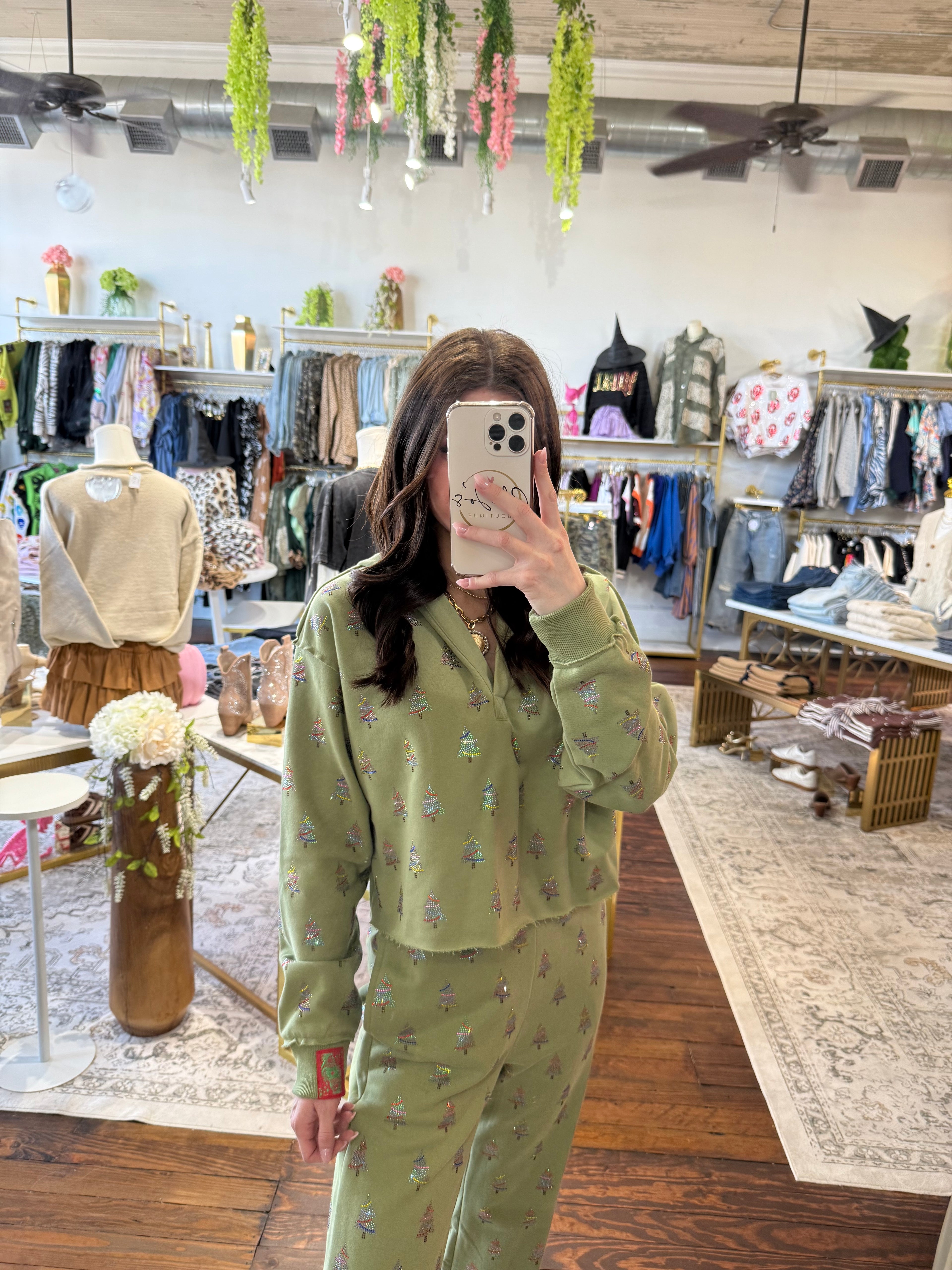 Mossy Green Scattered Multi Christmas Tree Hoodie | Queen of Sparkles
