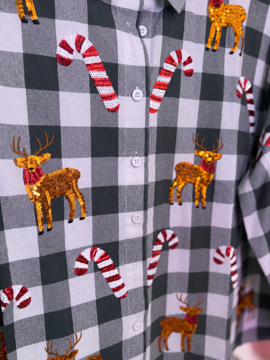 Green & White Plaid Reindeer & Candy Cane Button Up Top | Queen of Sparkles