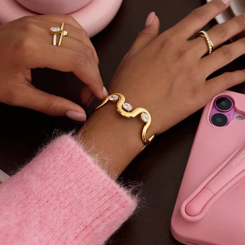 Waterproof Gold Wave CZ Cuff Bracelet