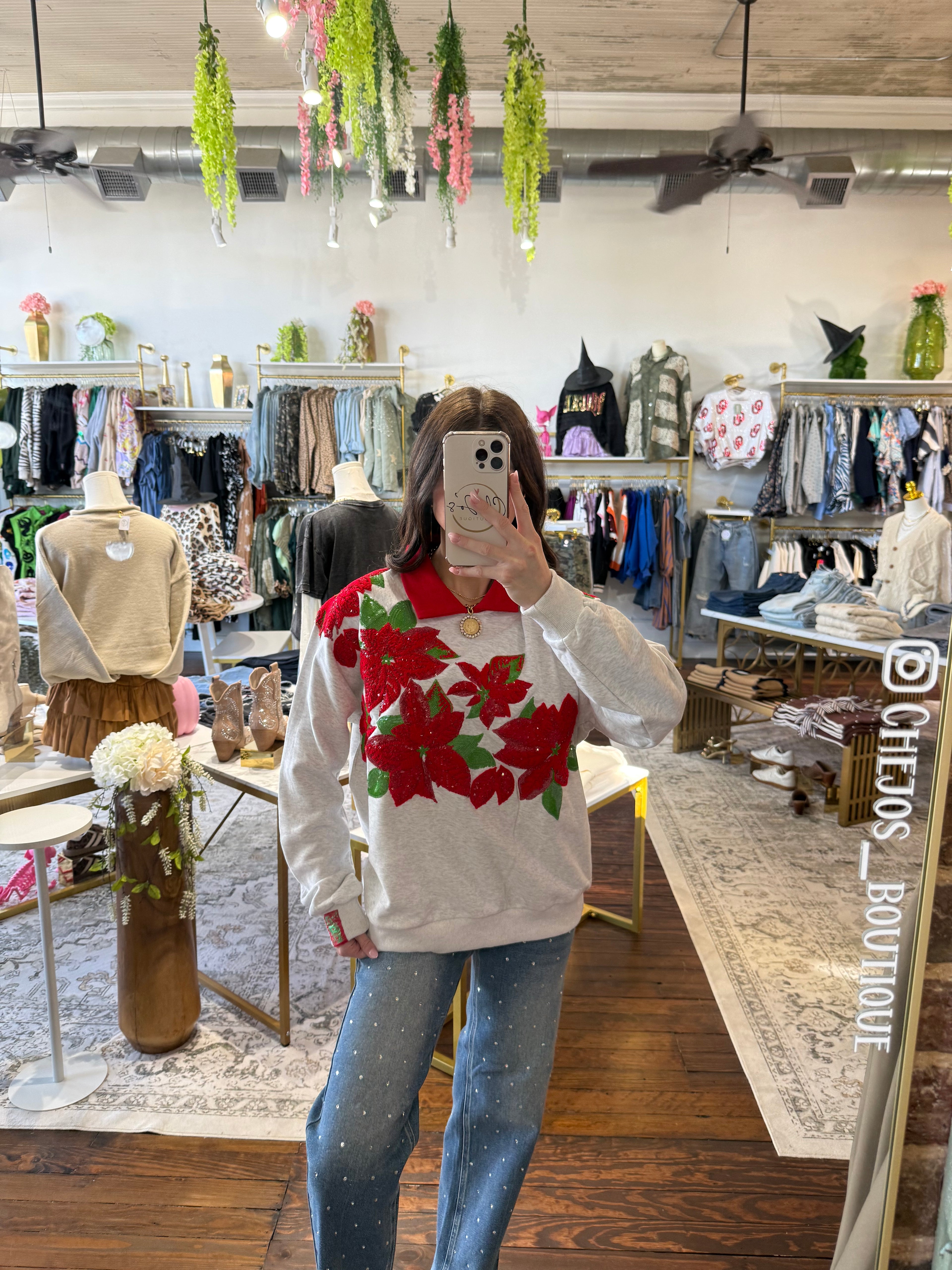 Grey & Red Collar Poinsettia Sweatshirt | Queen of Sparkles
