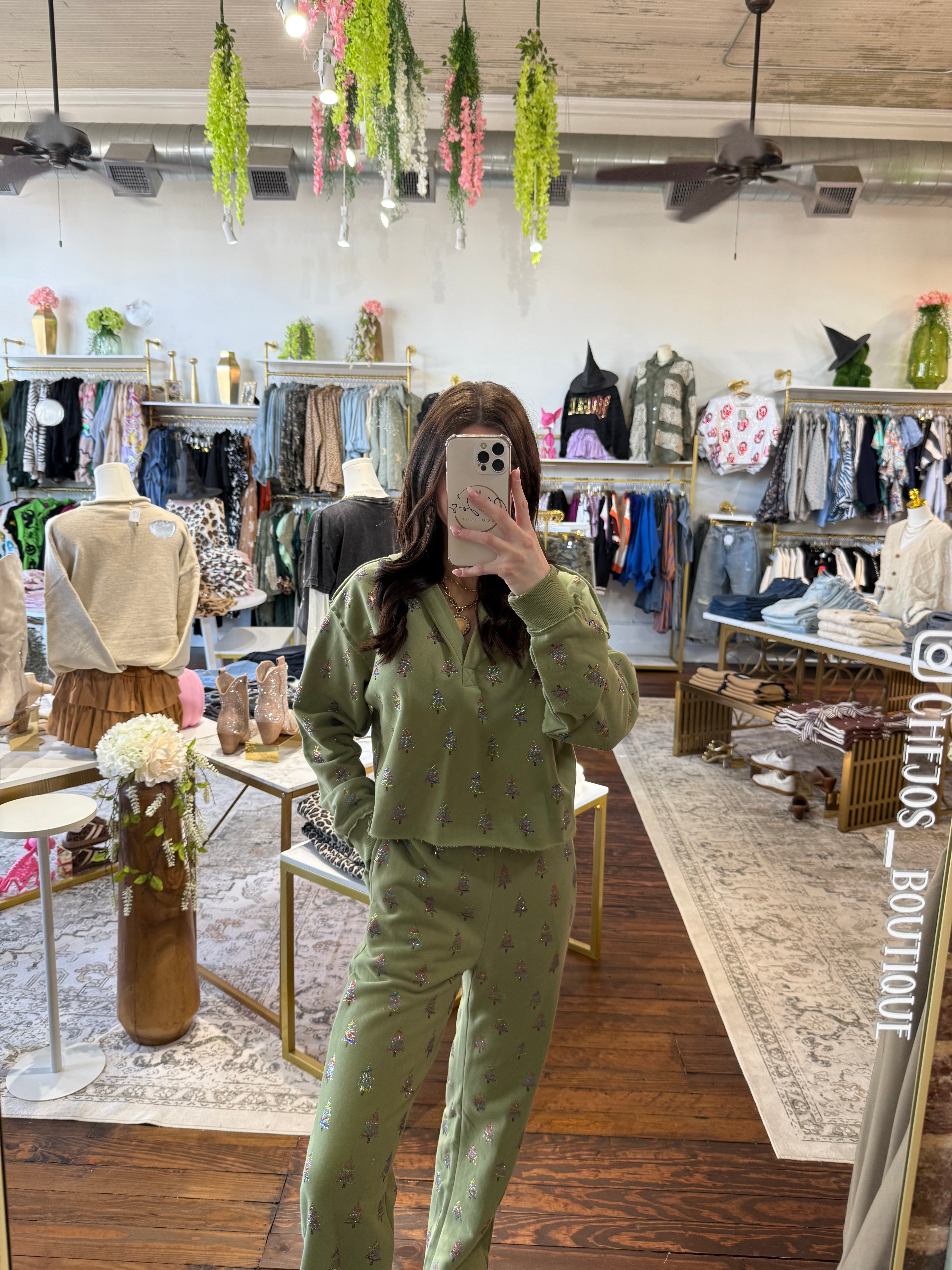 Mossy Green Scattered Multi Christmas Tree Sweatpant | Queen of Sparkles