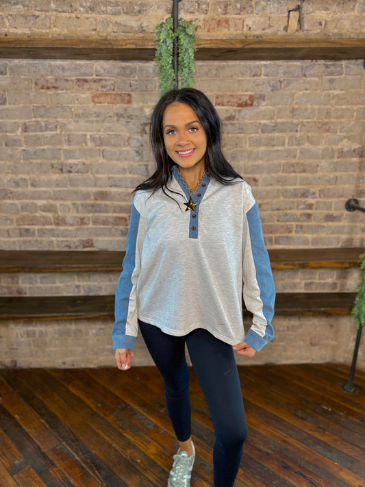 Denim Patchwork Collared Sweatshirt