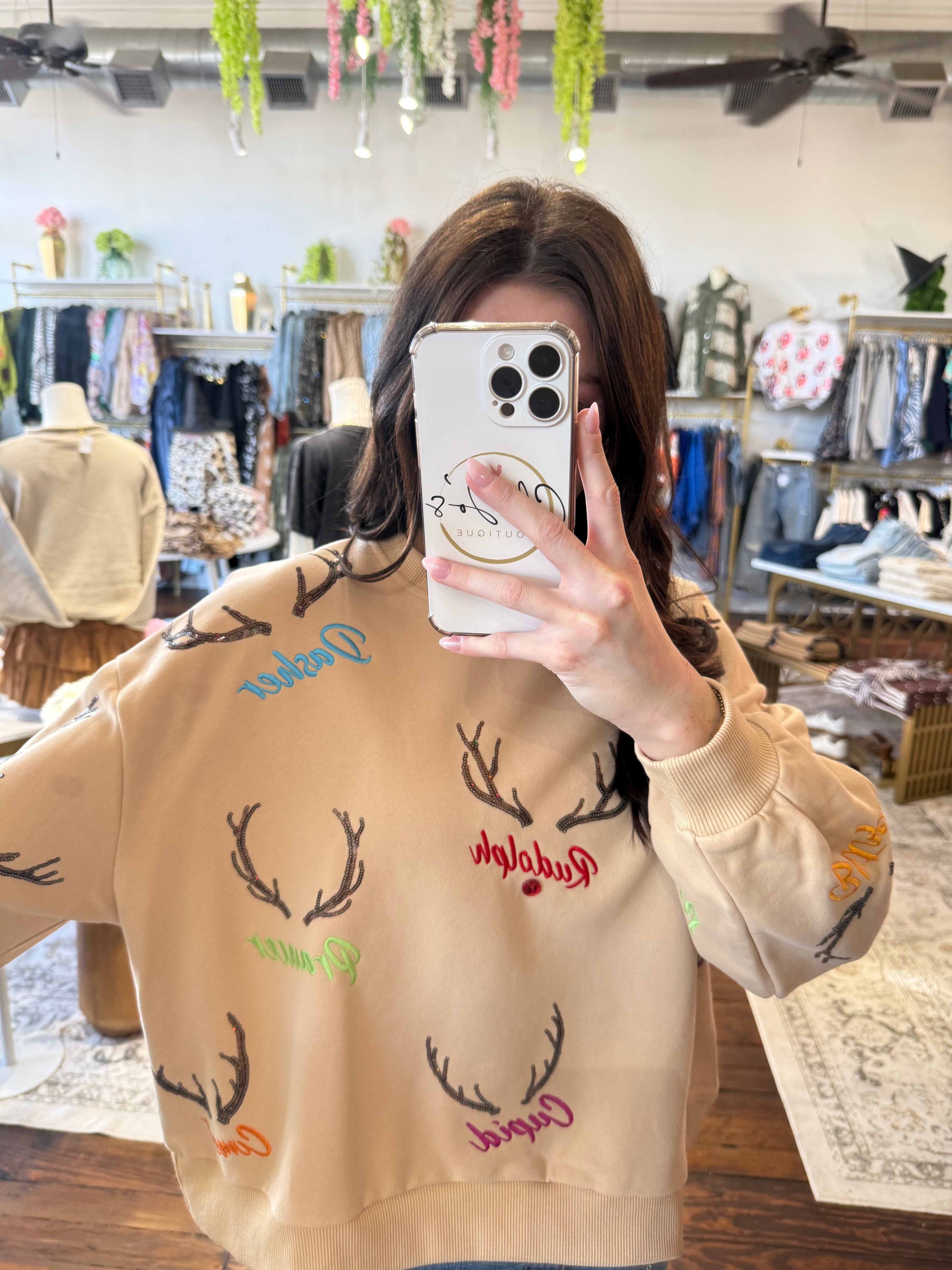 Tan Reindeer Name & Antlers Sweatshirt | Queen of Sparkles