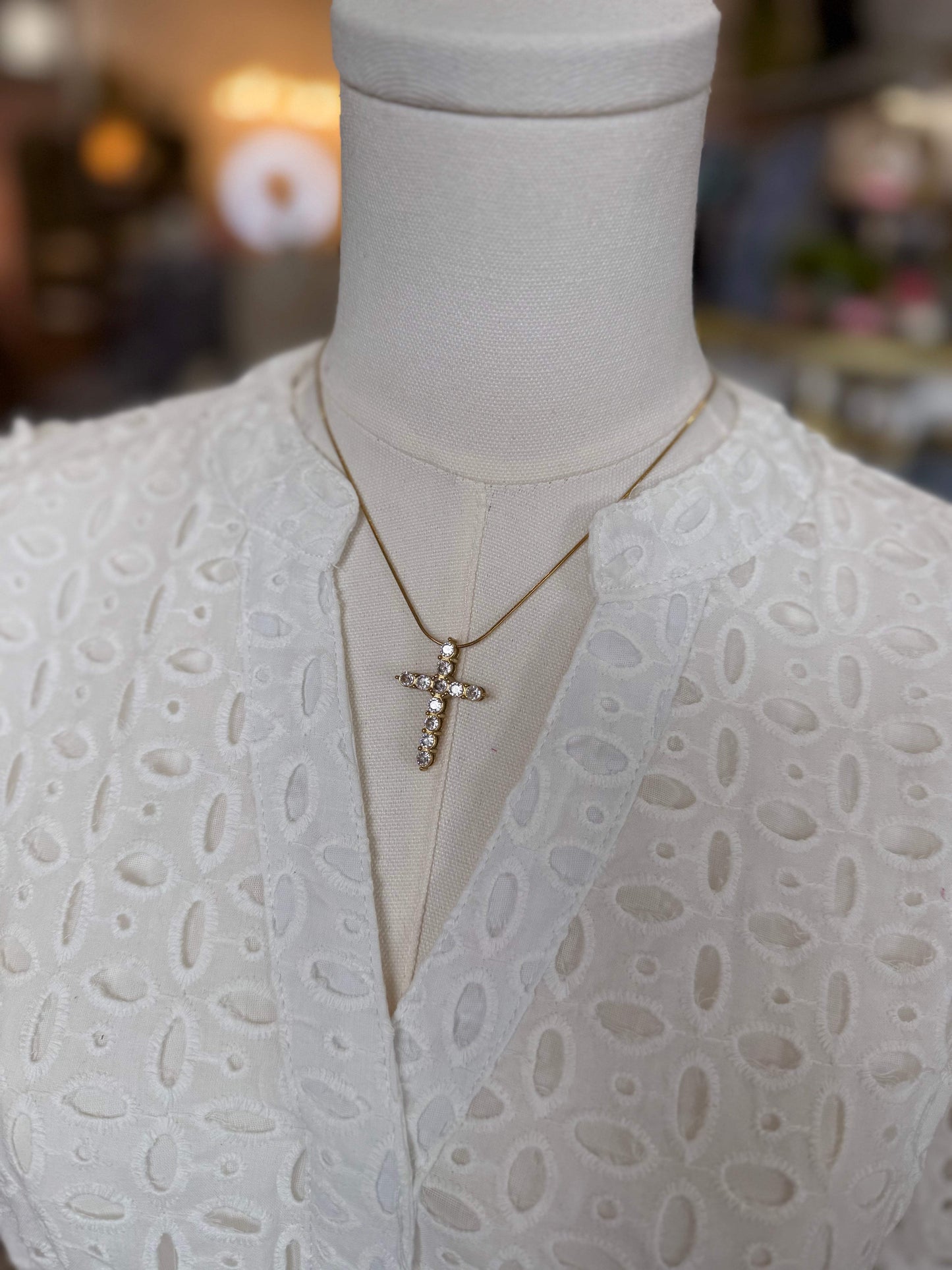 18k Gold Plated Rhinestone Cross Necklace | Water Resistant