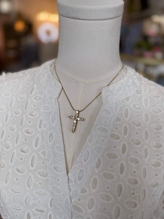18k Gold Plated Rhinestone Cross Necklace | Water Resistant