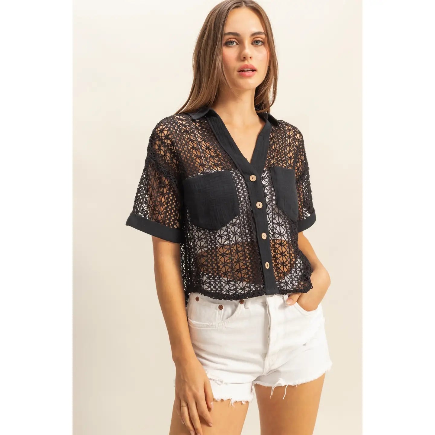 Christy Crochet Button Down Top