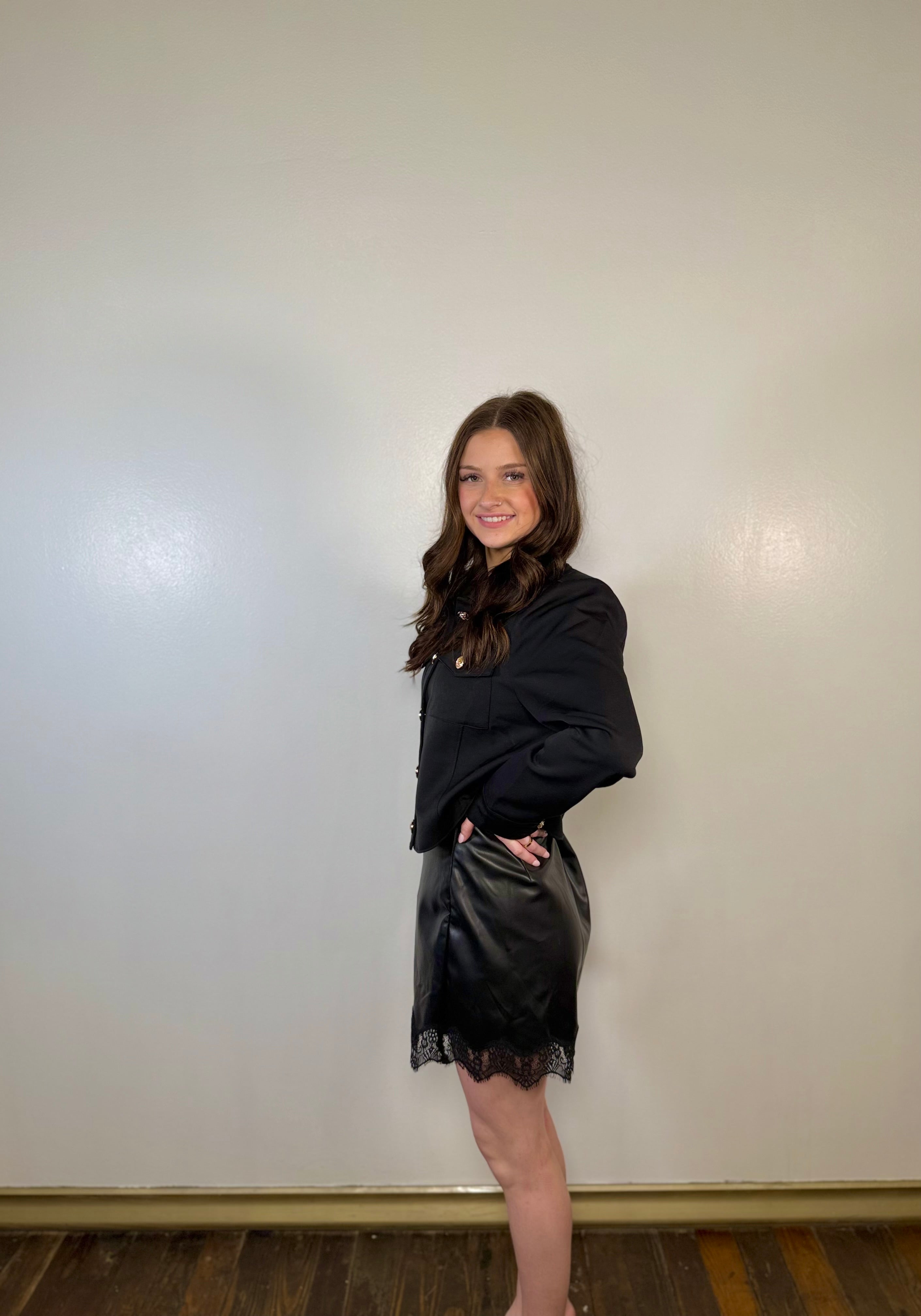 Scallop Lace Leather Mini Skirt