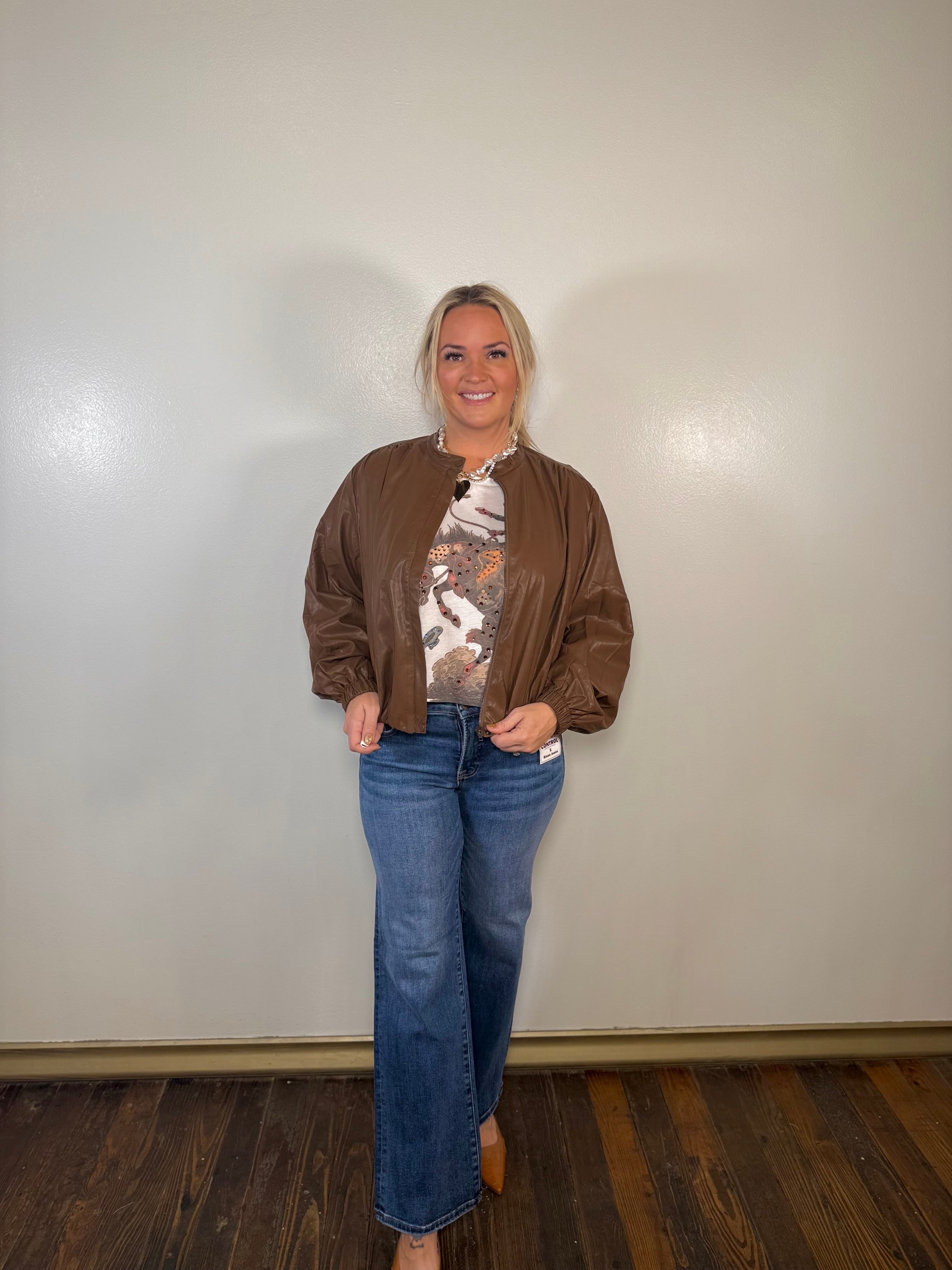 Cinnamon Fields Leather Bomber Jacket