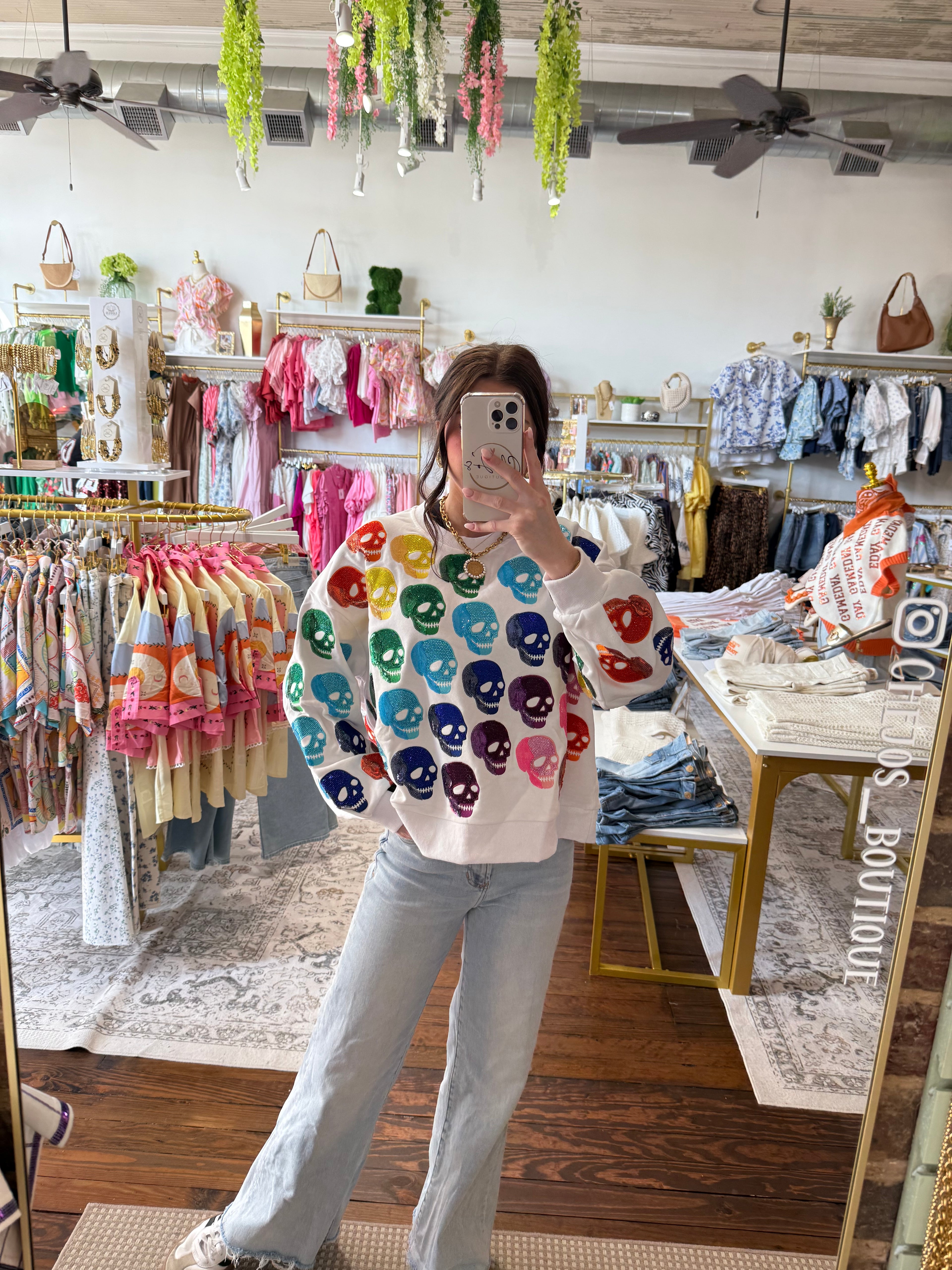 White Rainbow Skulls Sweatshirt | Queen of Sparkles