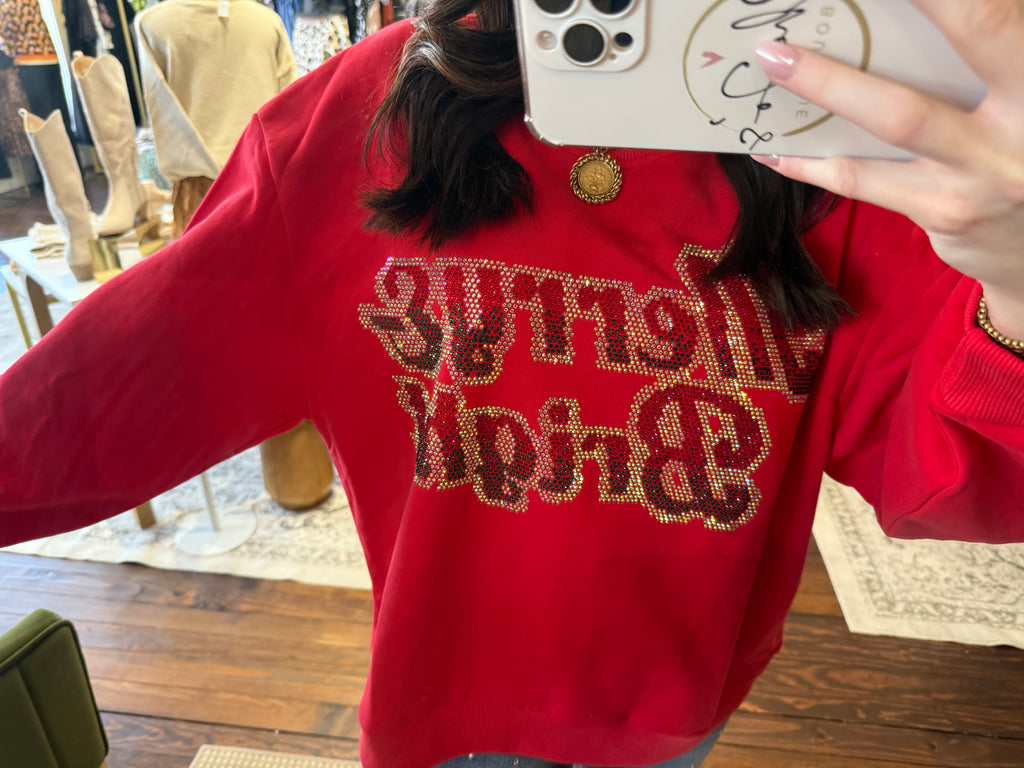 Red Rhinestone 'Merry & Bright' Sweatshirt | Queen of Sparkles