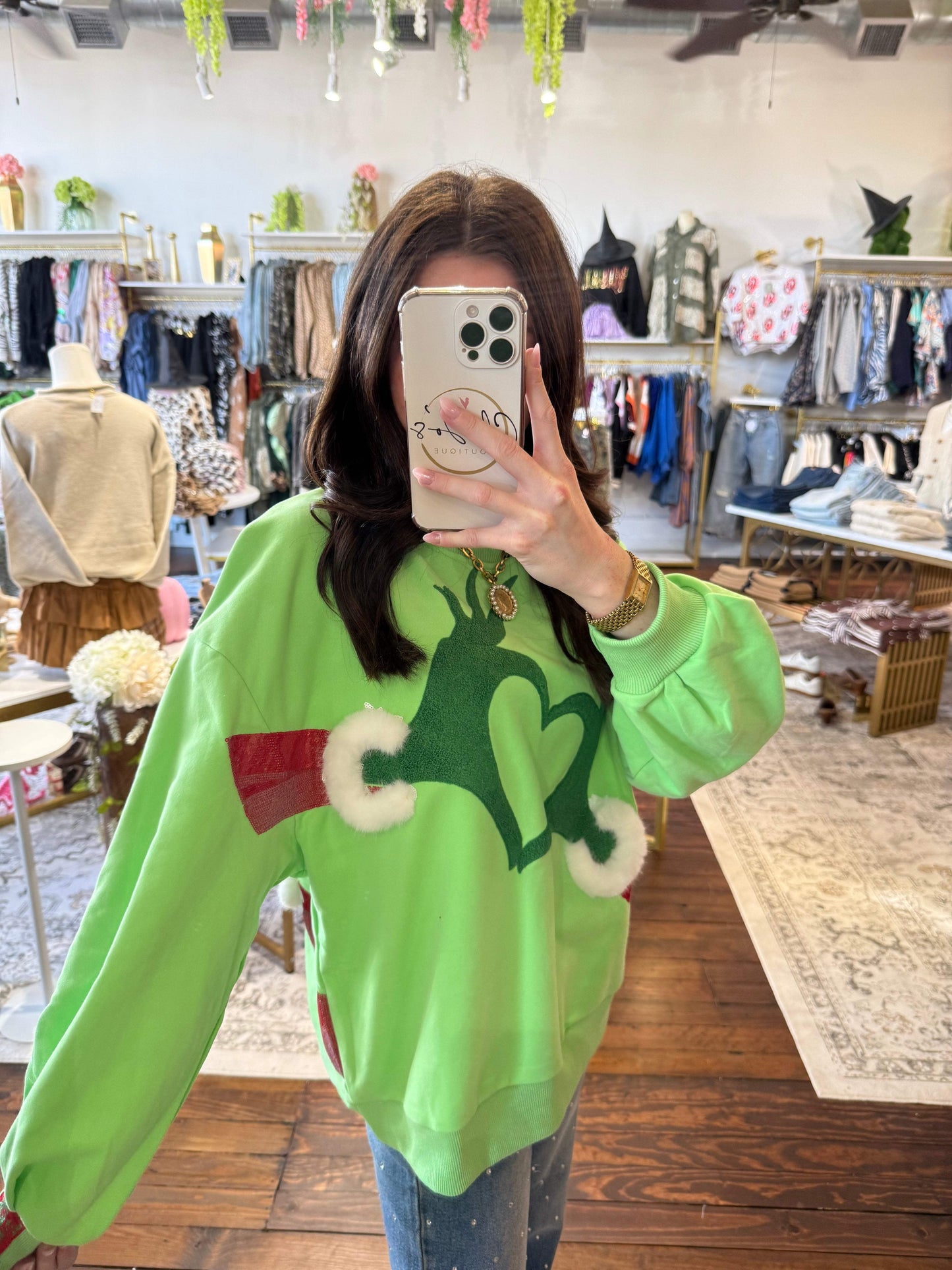 Green Grinch Heart Hands Sweatshirt | Queen of Sparkles
