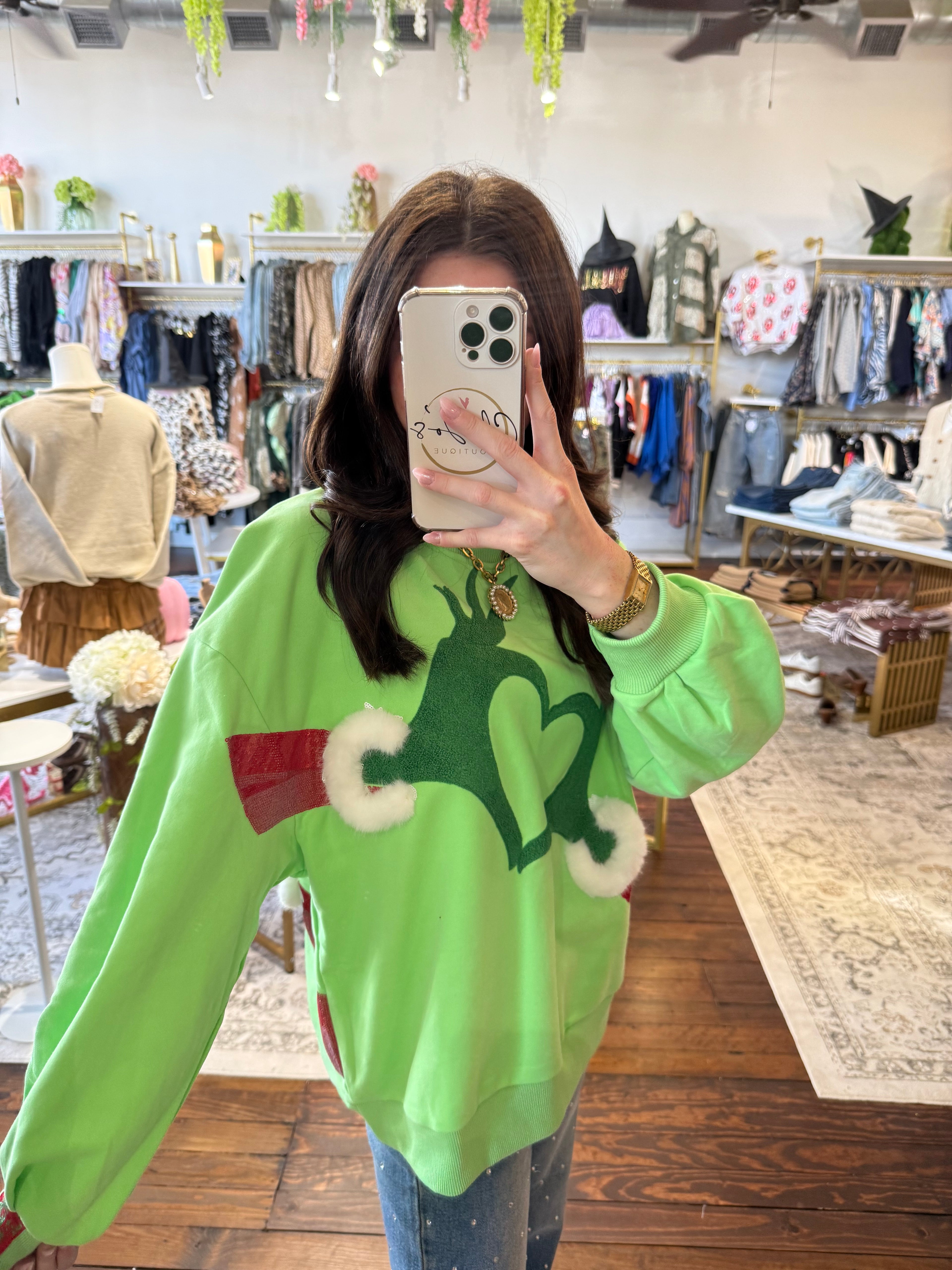Green Grinch Heart Hands Sweatshirt | Queen of Sparkles