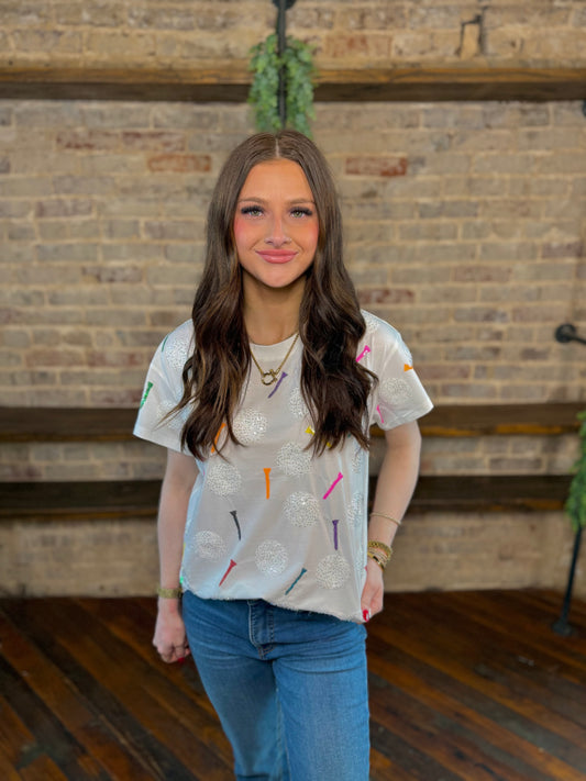 White Golf Ball & Multi Golf Tee T-shirt  | Queen of Sparkles