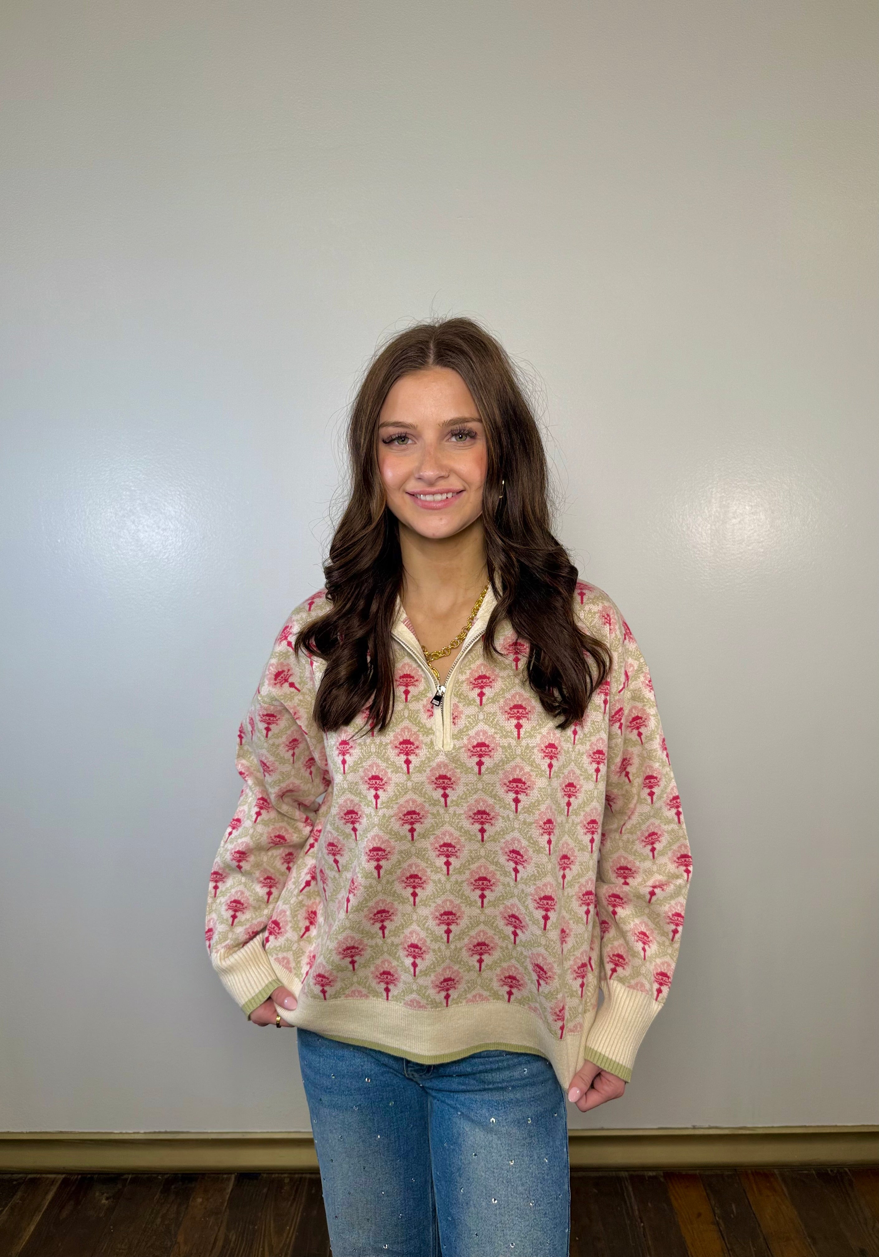 Vintage Floral Half Zip Sweater