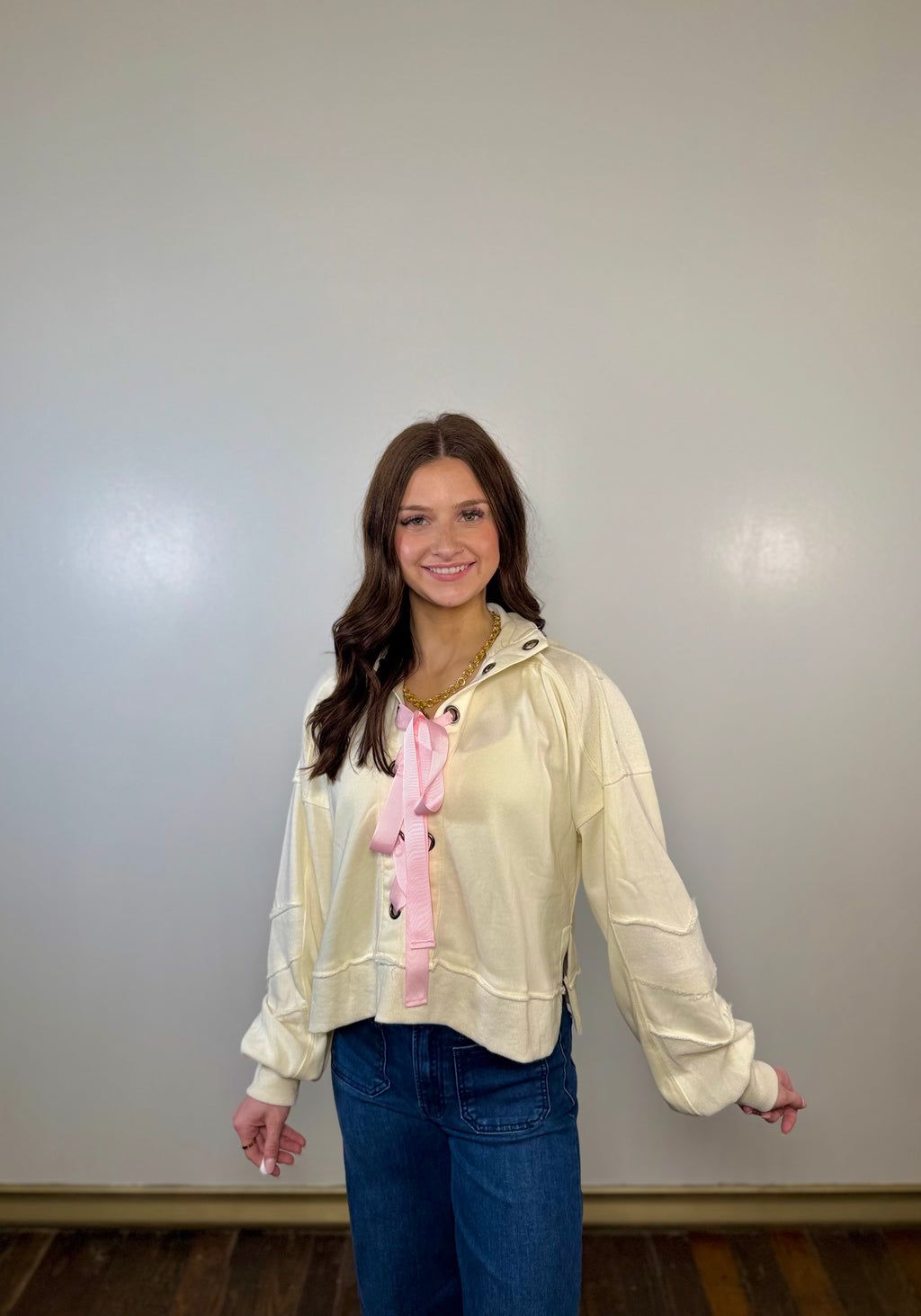 Alani Eyelet Lace Up French Terry Top