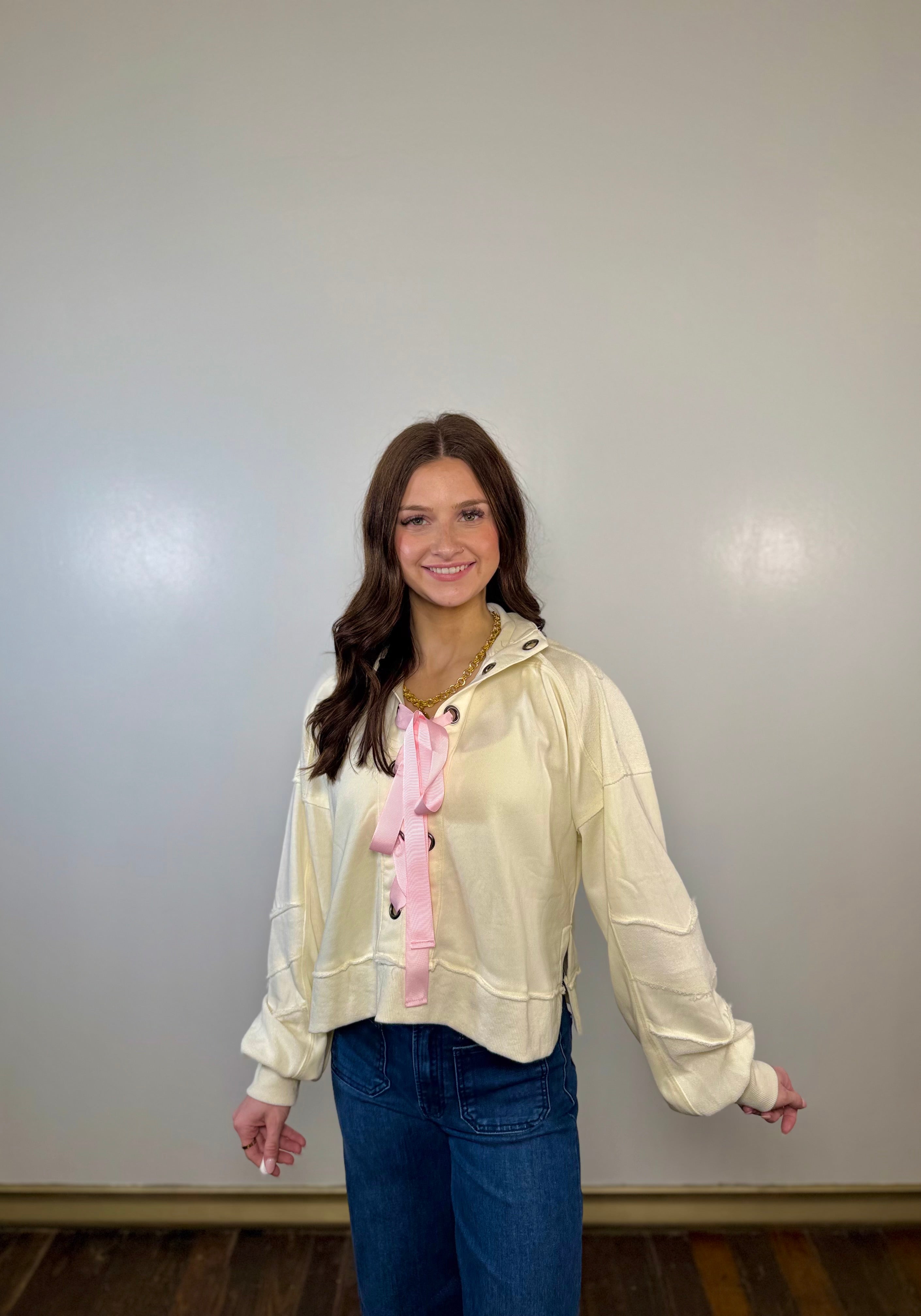 Alani Eyelet Lace Up French Terry Top