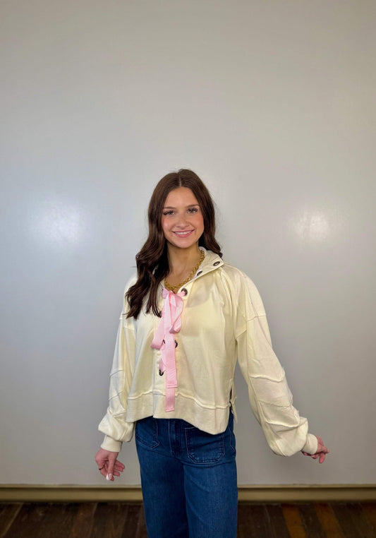 Alani Eyelet Lace Up French Terry Top
