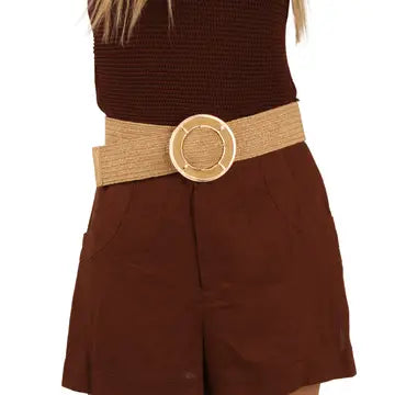 Metallic Buckle Straw Stretch Belt