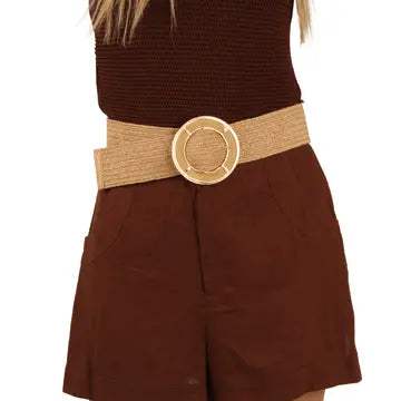 Metallic Buckle Straw Stretch Belt