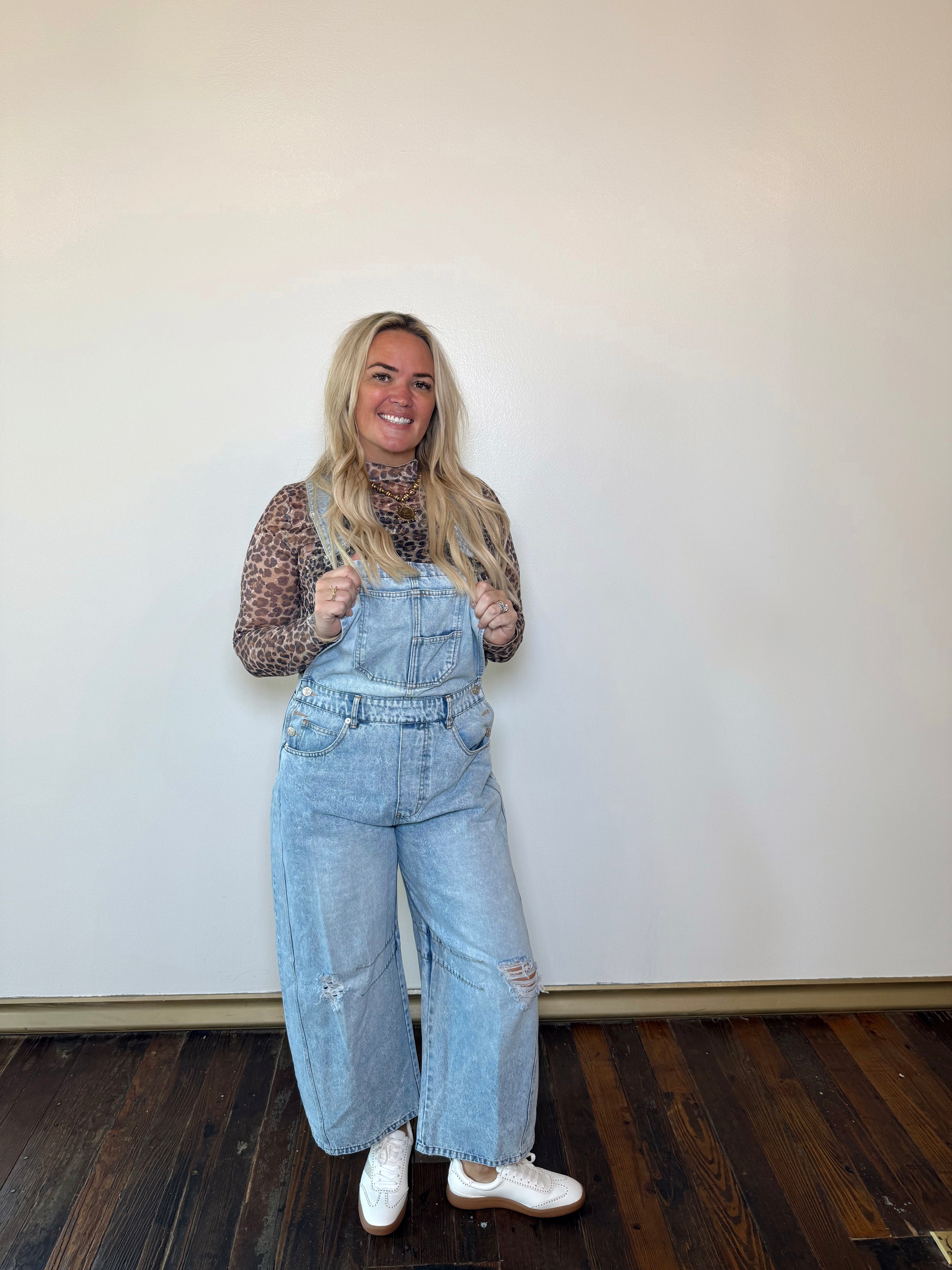 Distressed Barrel Jean Overalls