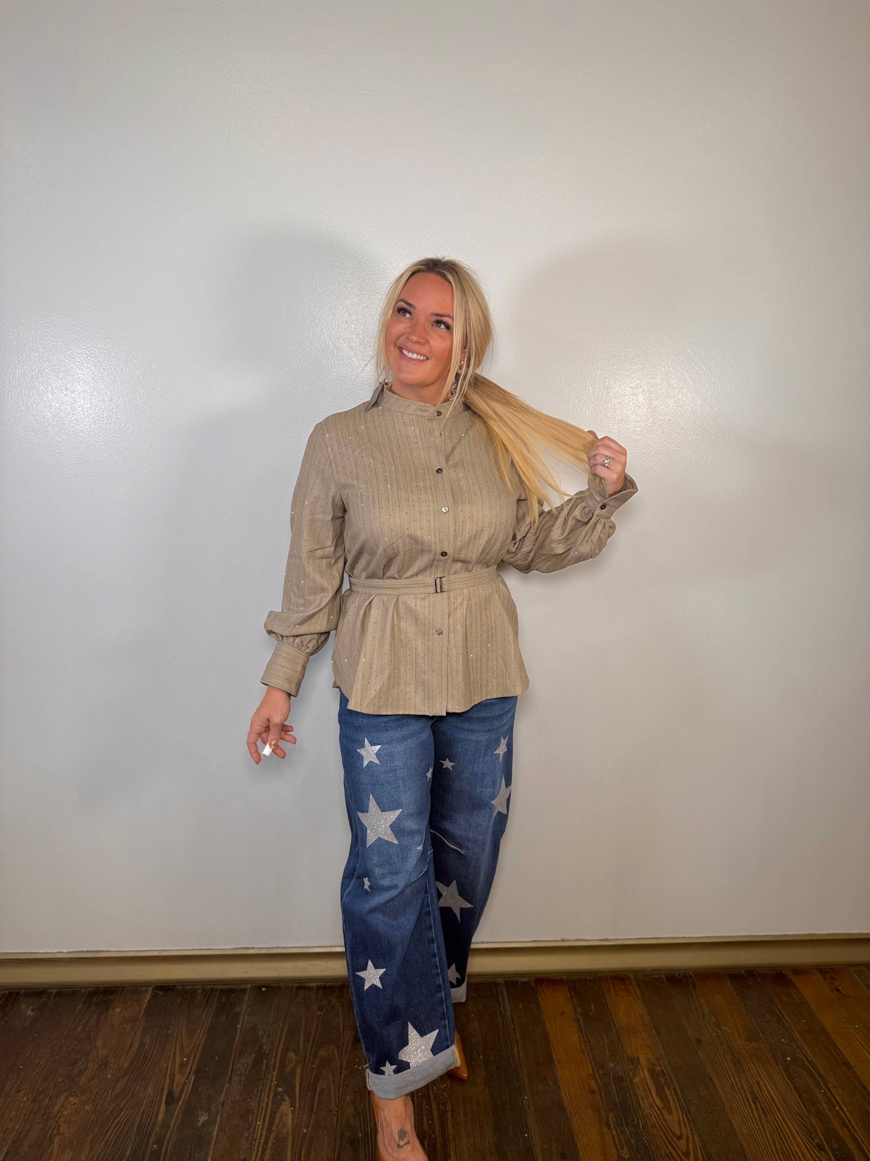 Mae Rhinestone Belted Blouse