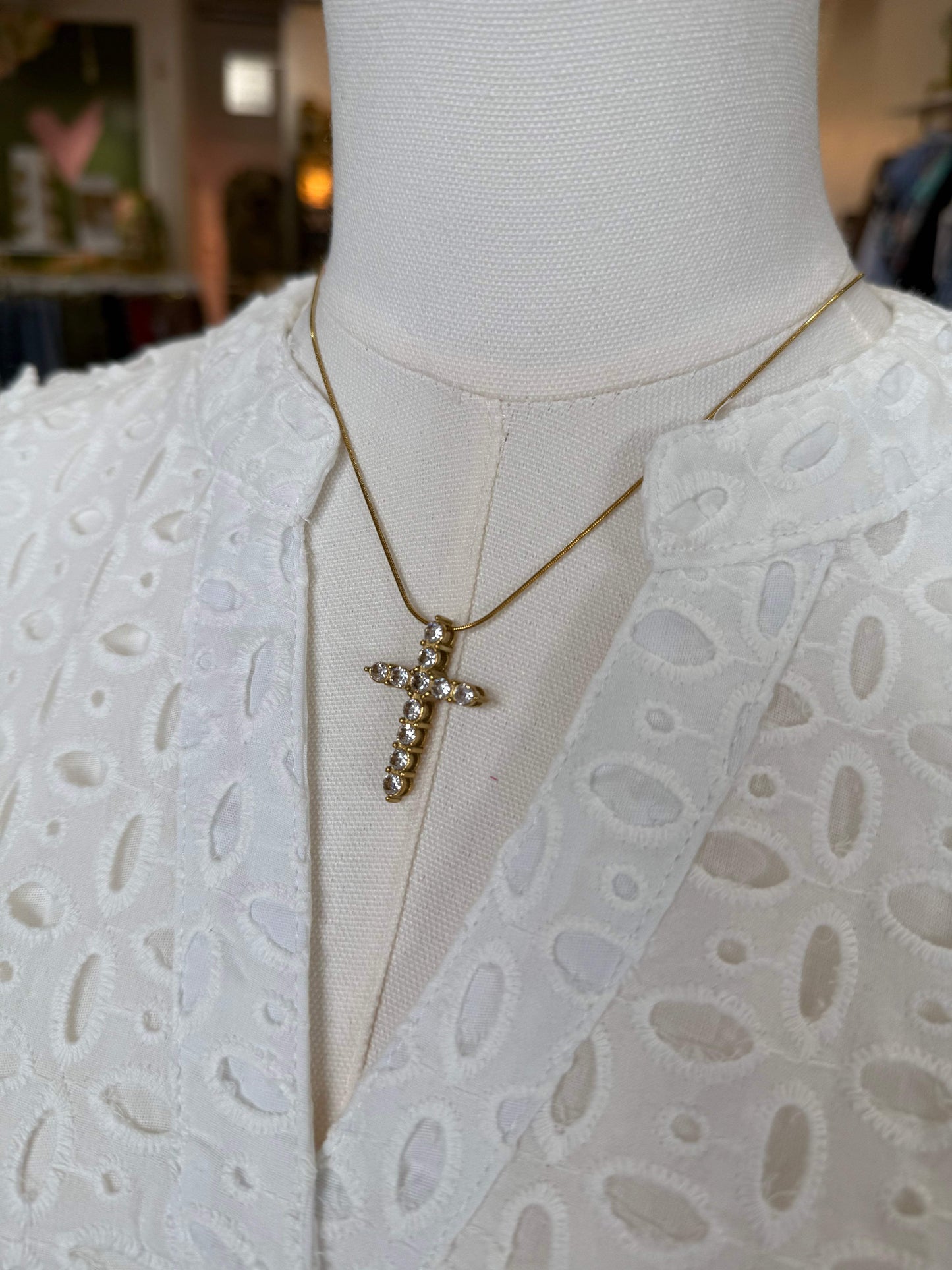 18k Gold Plated Rhinestone Cross Necklace | Water Resistant