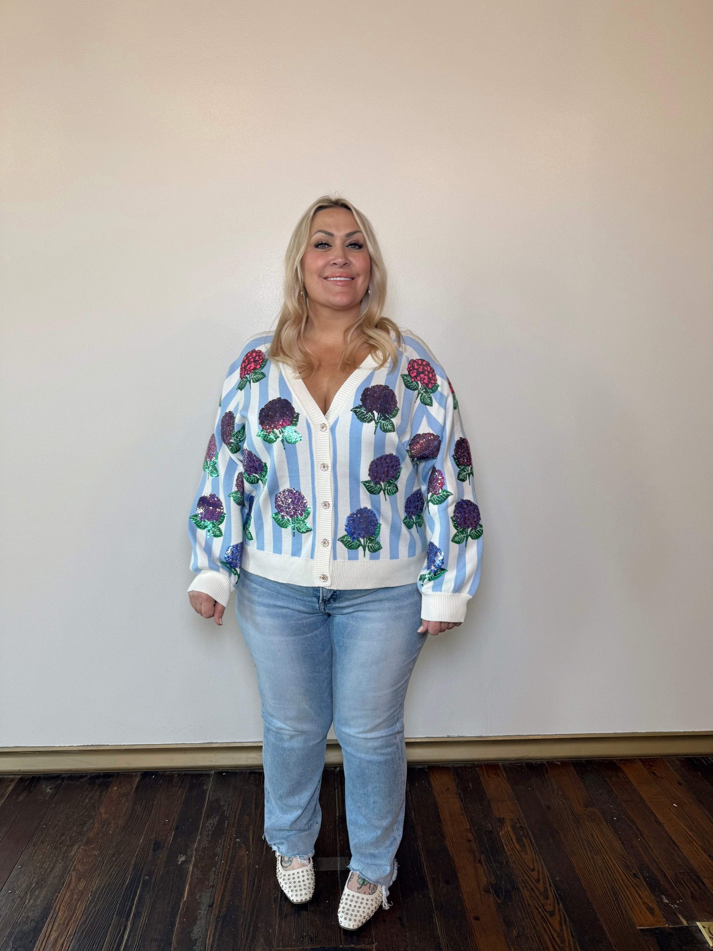 Blue & White Striped Hydrangea Cardigan | Queen of Sparkles | PLUS SIZE AVAILABLE