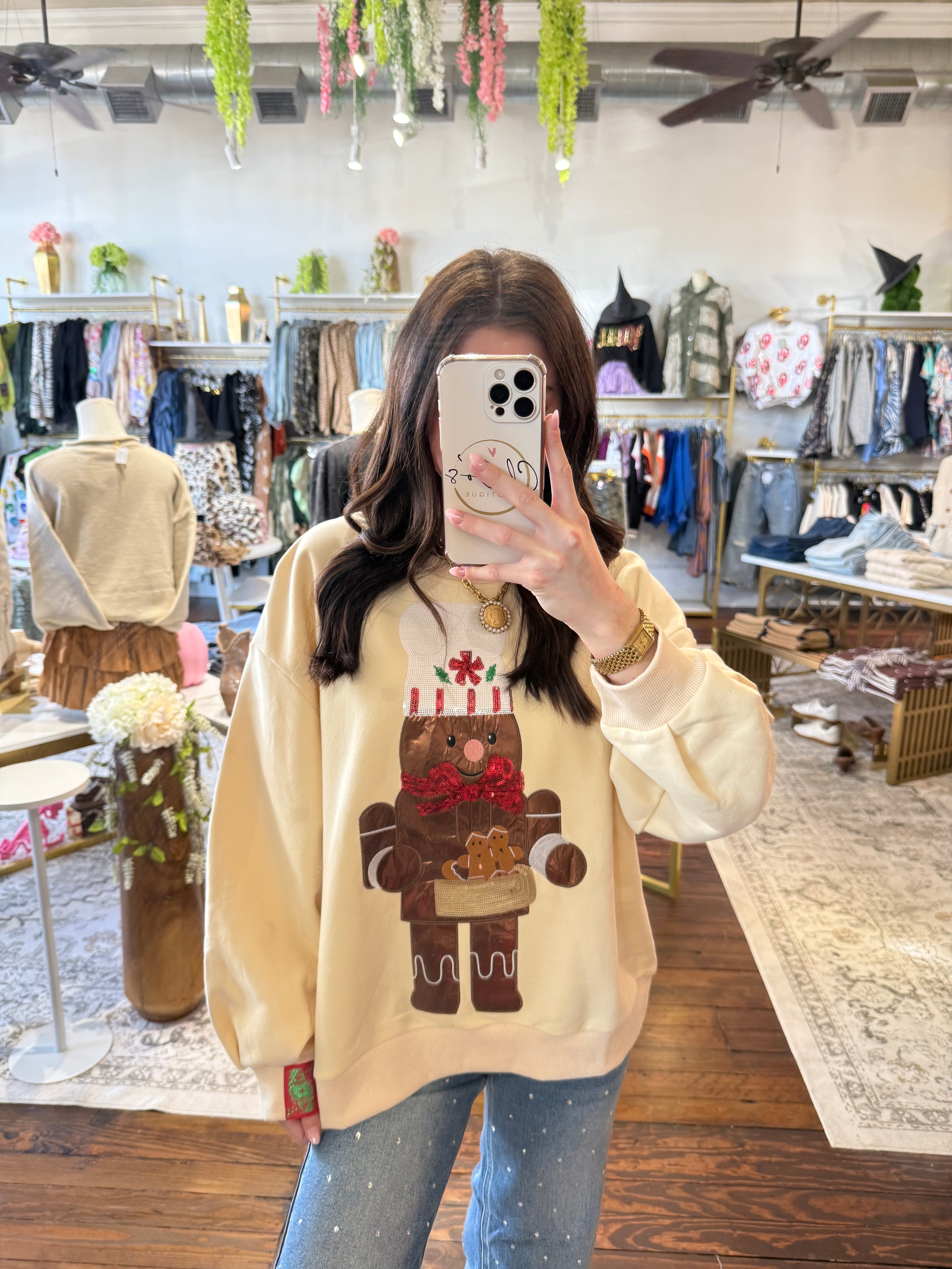 Beige Metallic Gingerbread Man Sweatshirt | Queen of Sparkles