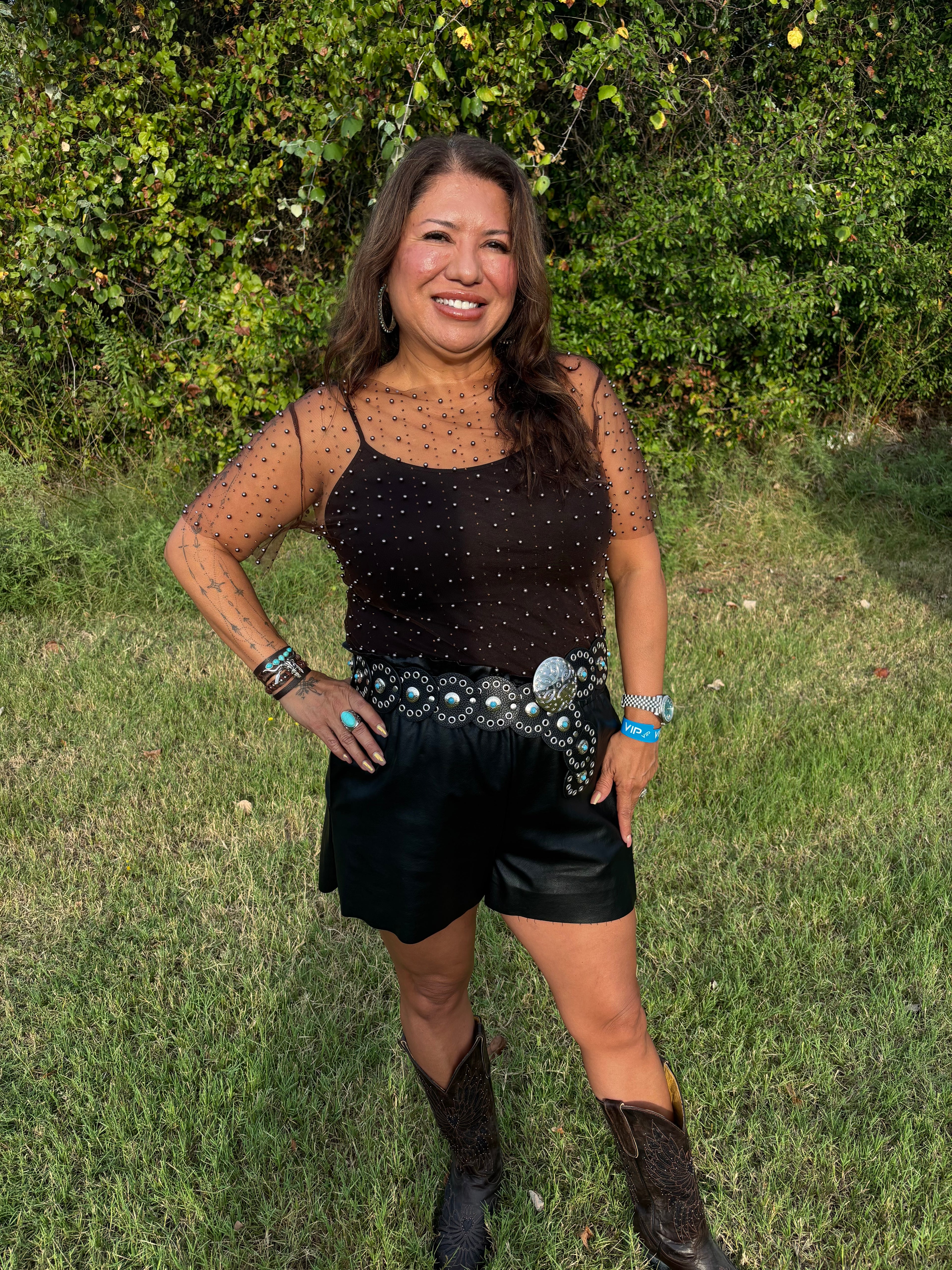 Remi Beaded Pearl Mesh Top