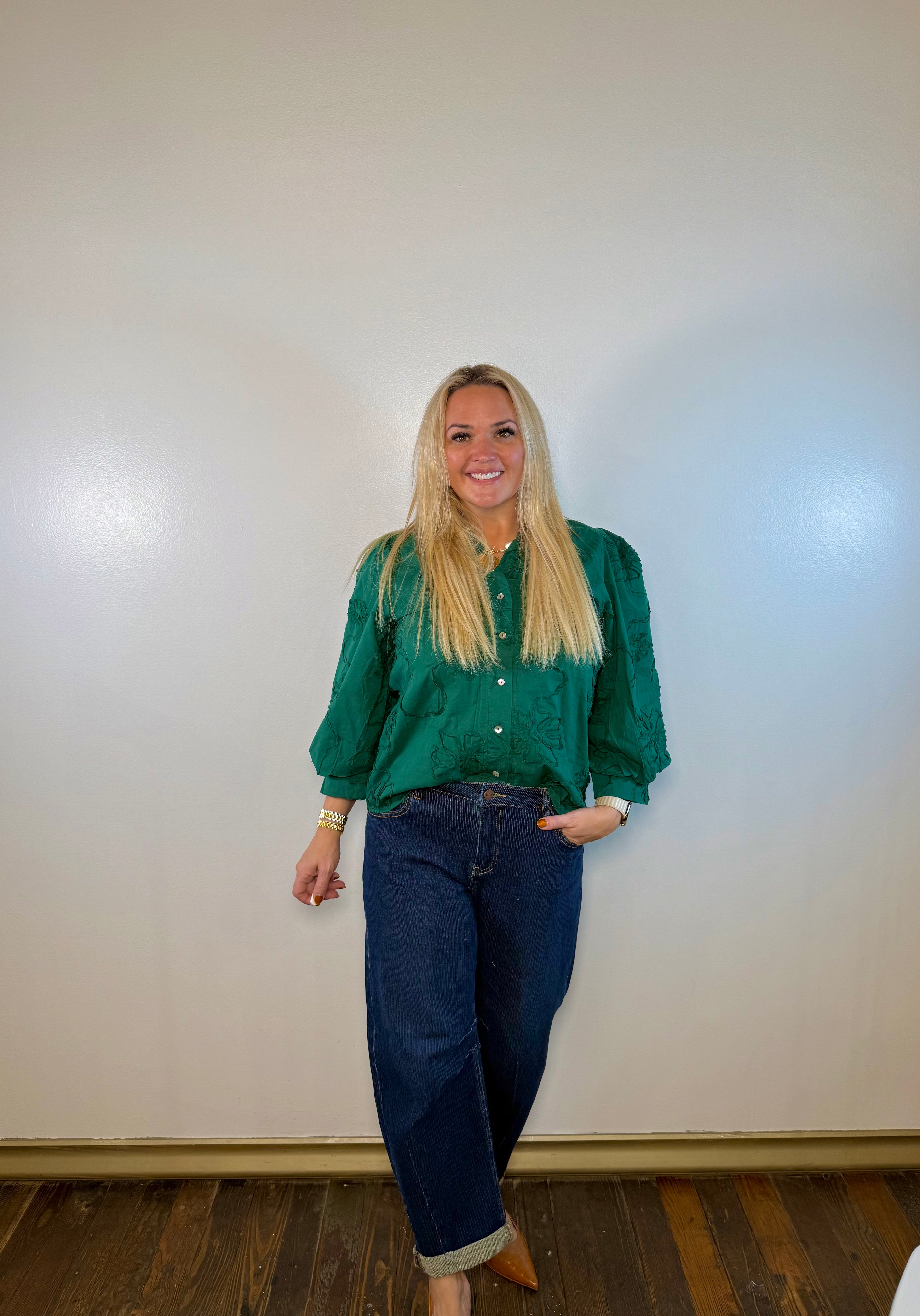 Never Better 3D Floral Button Down Top